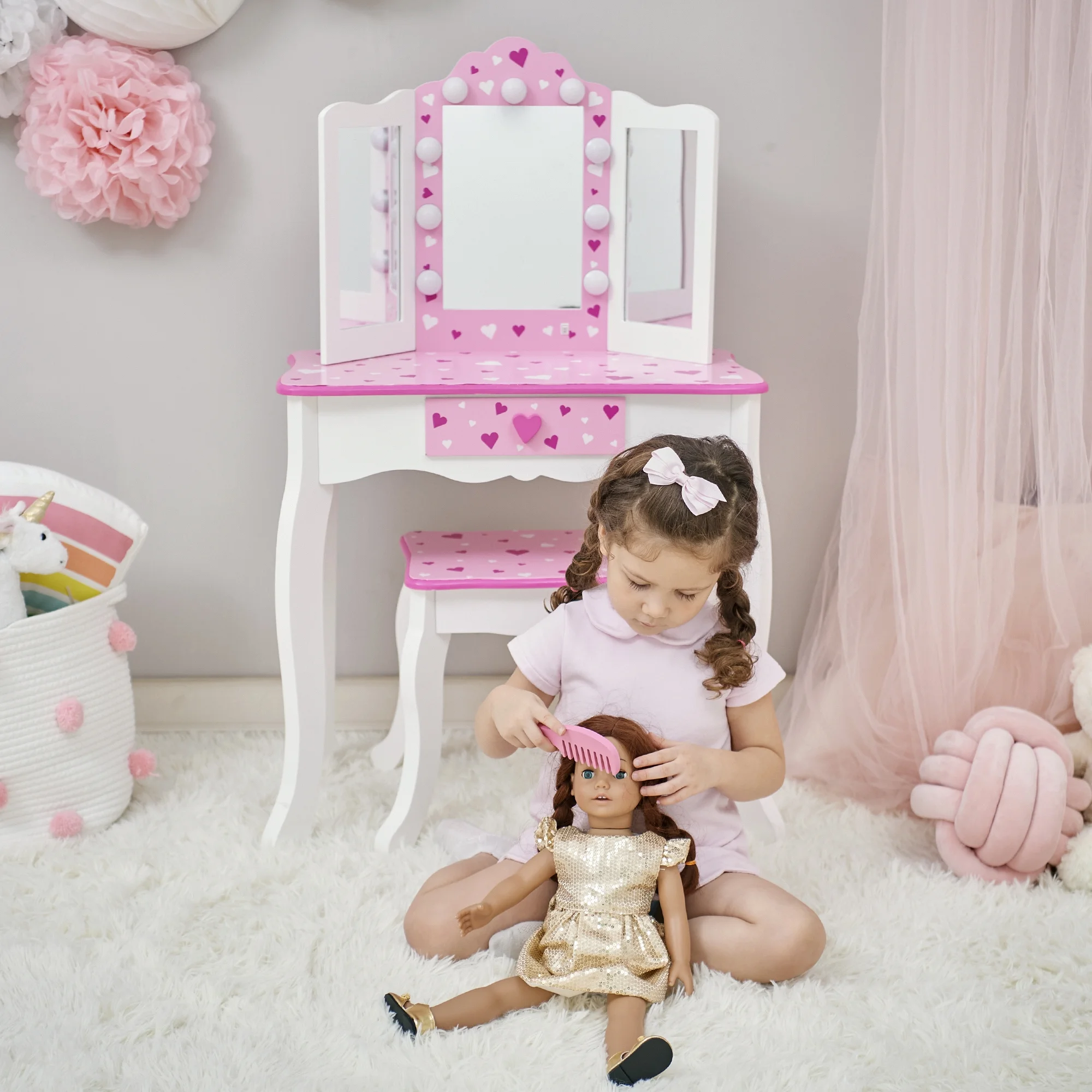 Fantasy Fields Kids Princess Vanity Set with LED Lights Mirror and Storage, Pink/White