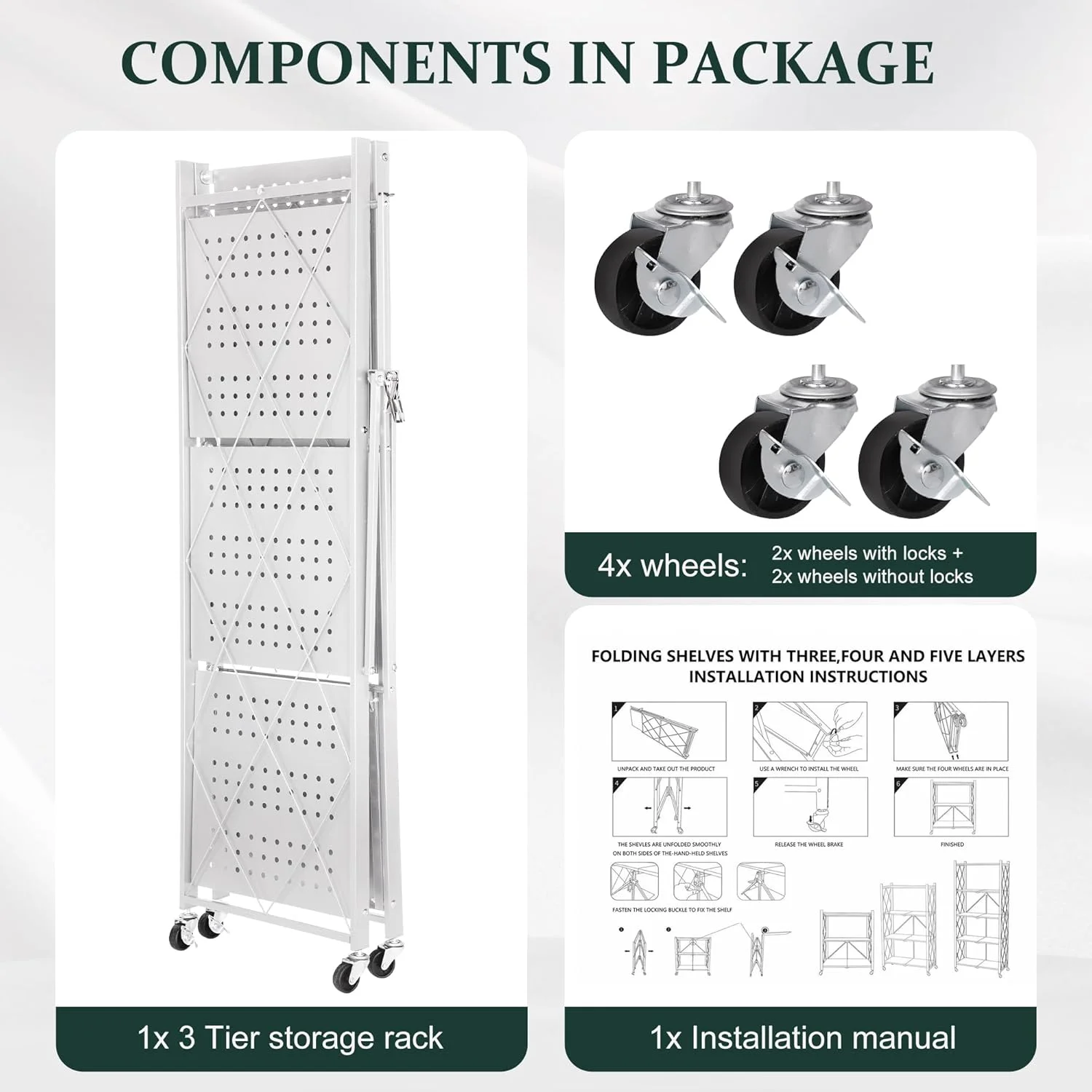 Foldable 4-Tier Storage Shelves with Wheels, No Assembly Bookshelf, Heavy Duty Kitchen Racks and Shelves, Rolling Microwave Cart, White