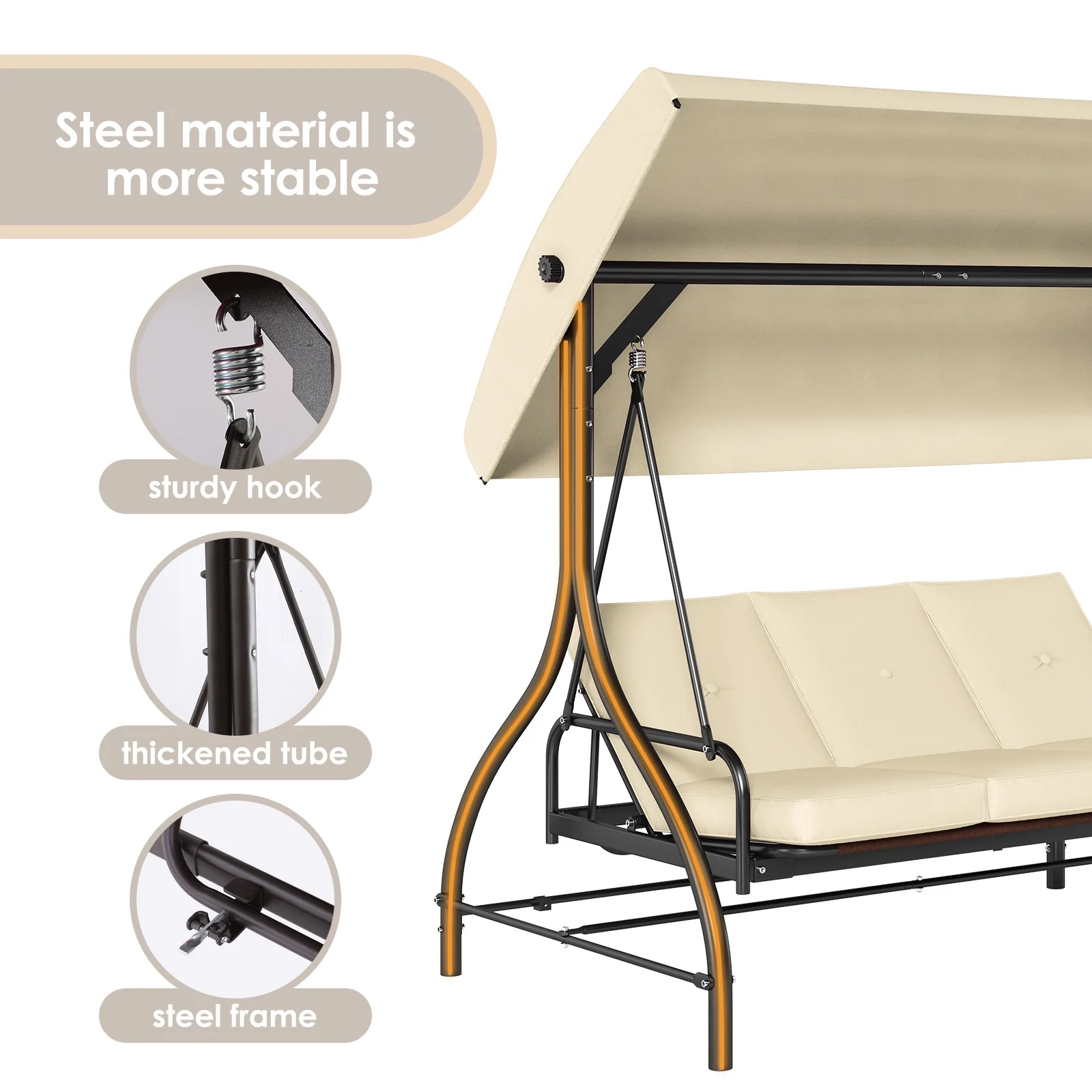 Pirecart 3 Person Patio Porch Swing Outdoor Converting Swing Glider Hammock with Adjustable Canopy, Cushions, Red