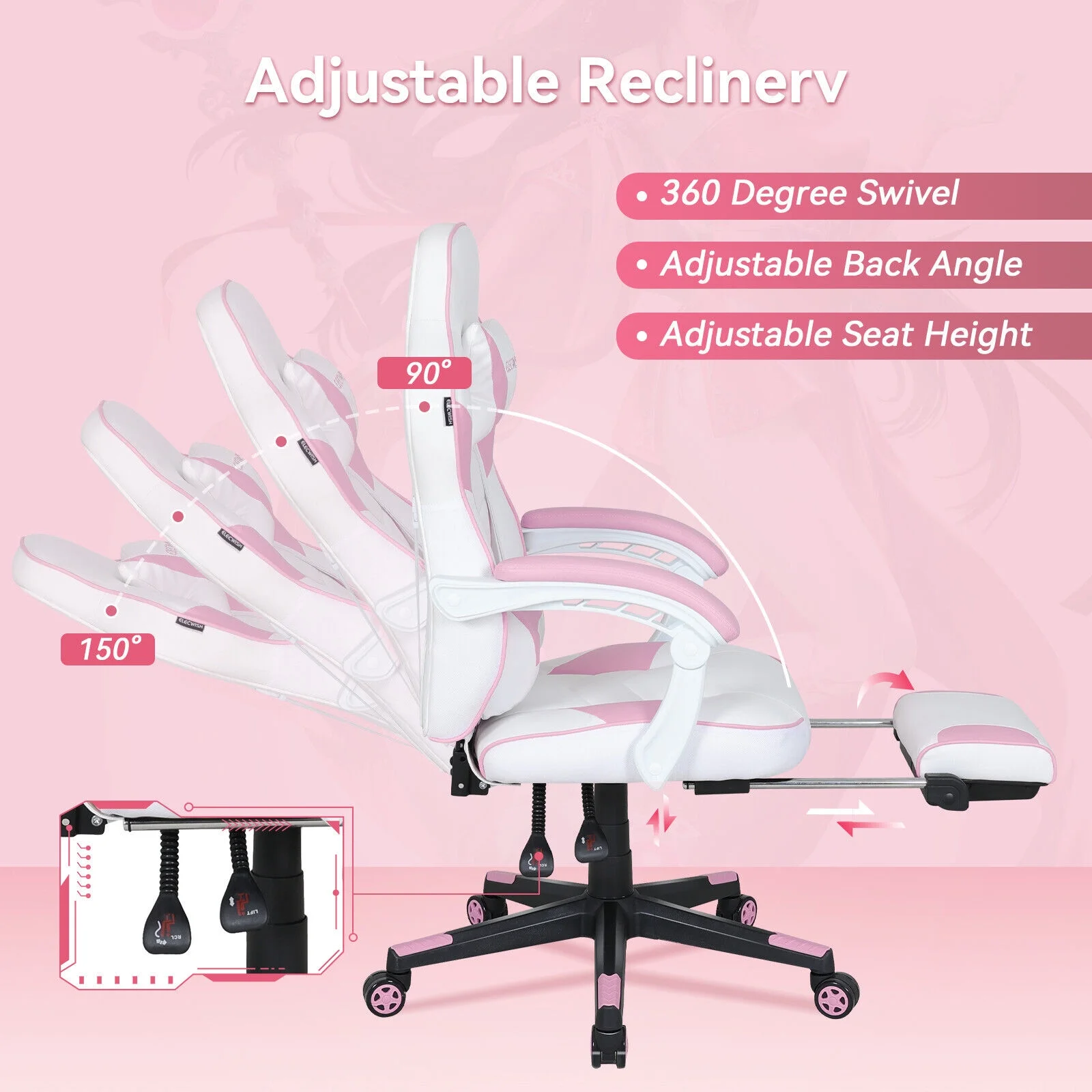 Elecwish Adjustable & Ergonomic Swivel Gaming Chair, White