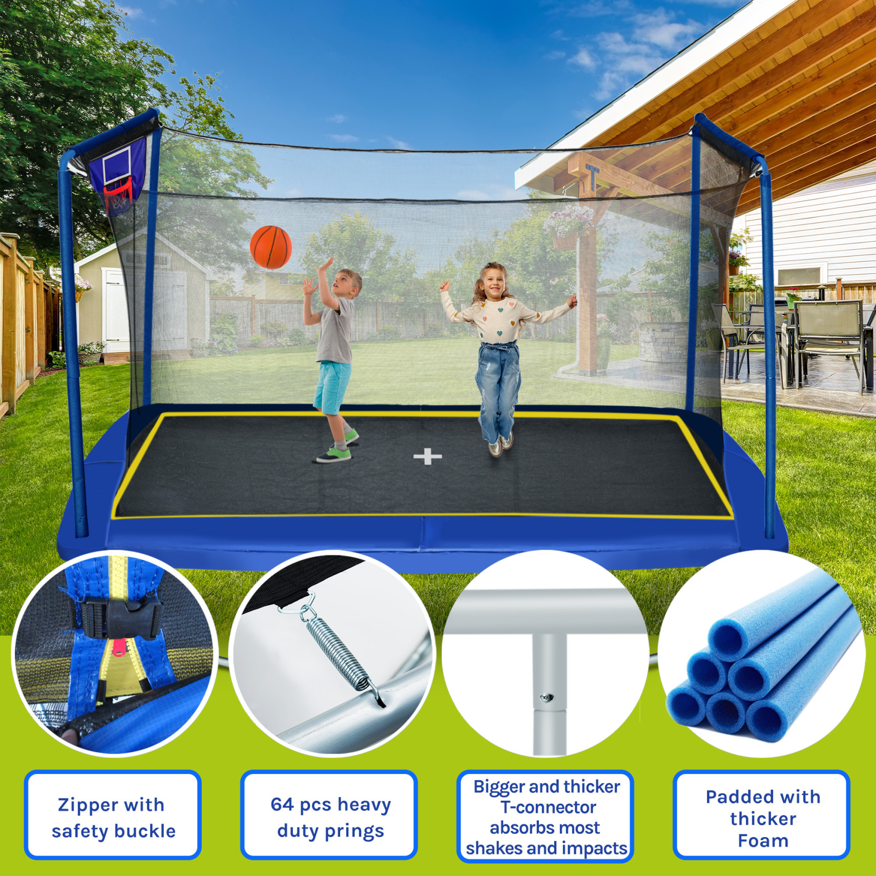 8ft��12ft Rectangular Trampoline with Adjustable Height  Basketball Board,Ball Inflater and Ladder-Blue,ASTM Standard Tested and CPC Certified