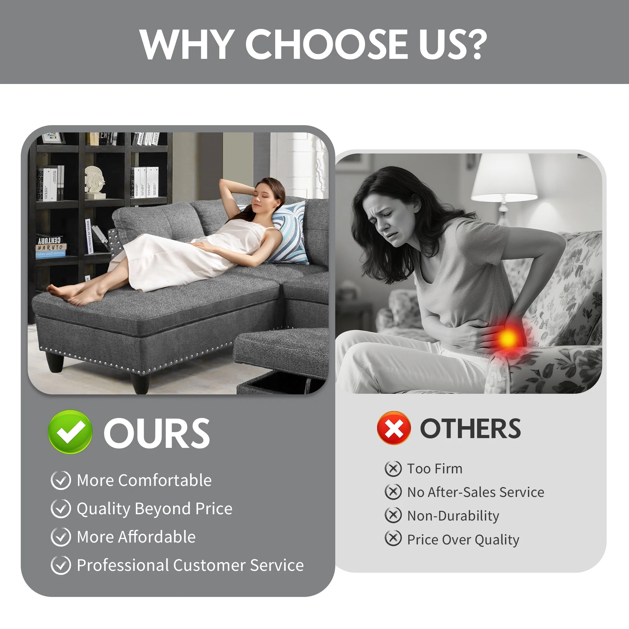 Aukfa 3 Piece Sectional Sofa, Living Room Couch with Storage Ottoman&Cup Holder, Linen, Left Hand, Black Gray