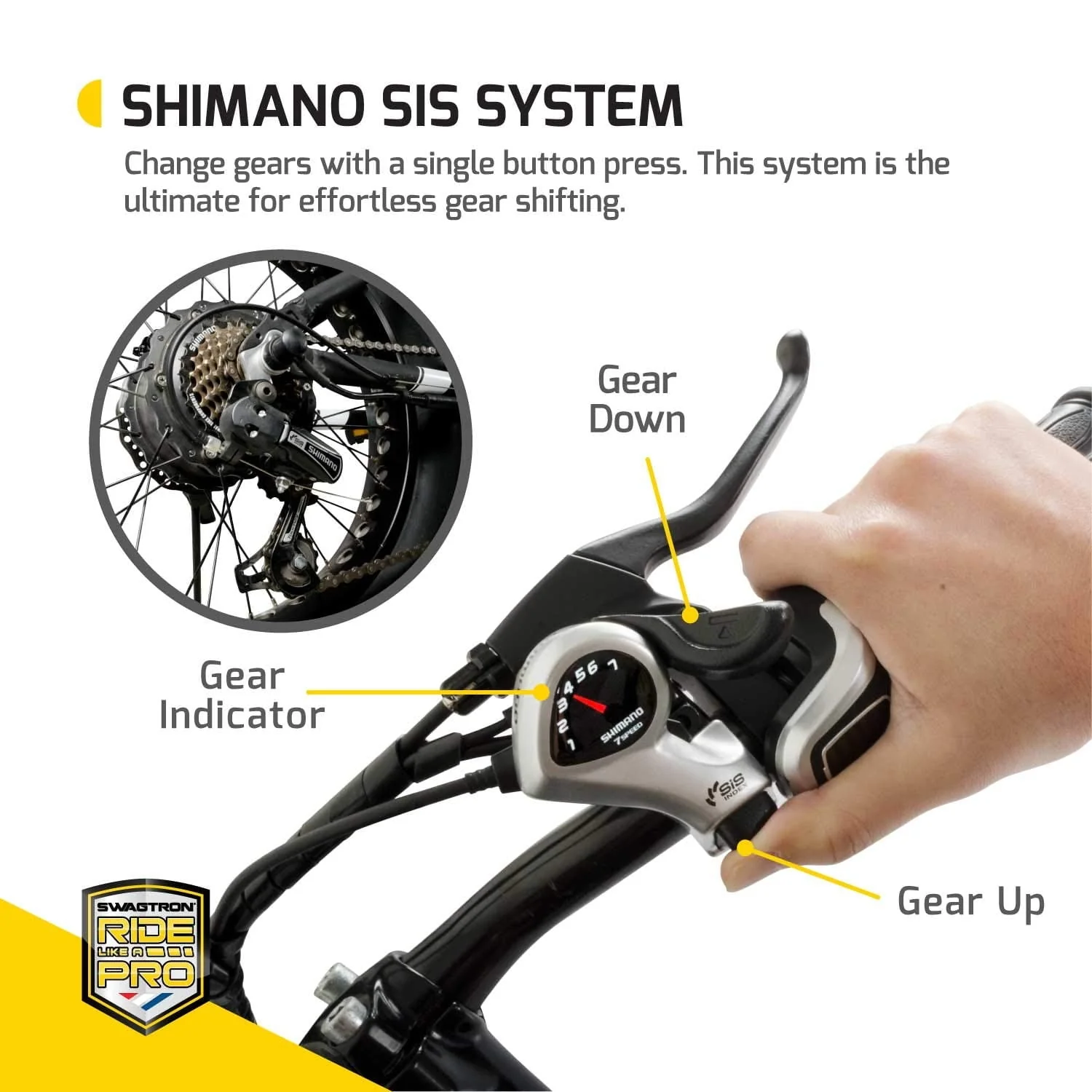 Swagtron EB6 Electric Bike Black 350W Motor Power Assist 4 In. Tires 20 In. Wheels Removable 36 V Battery Dual Disc Brakes 7 Speed Shimano SIS Shifting For Trail Riding