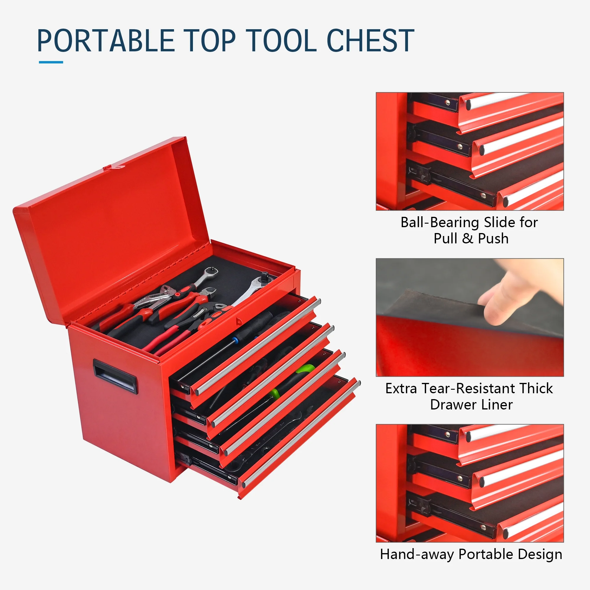Tool Chest, 5-Drawer Rolling Tool Storage Cabinet with Detachable Top Tool Box, Universal Lockable Wheels