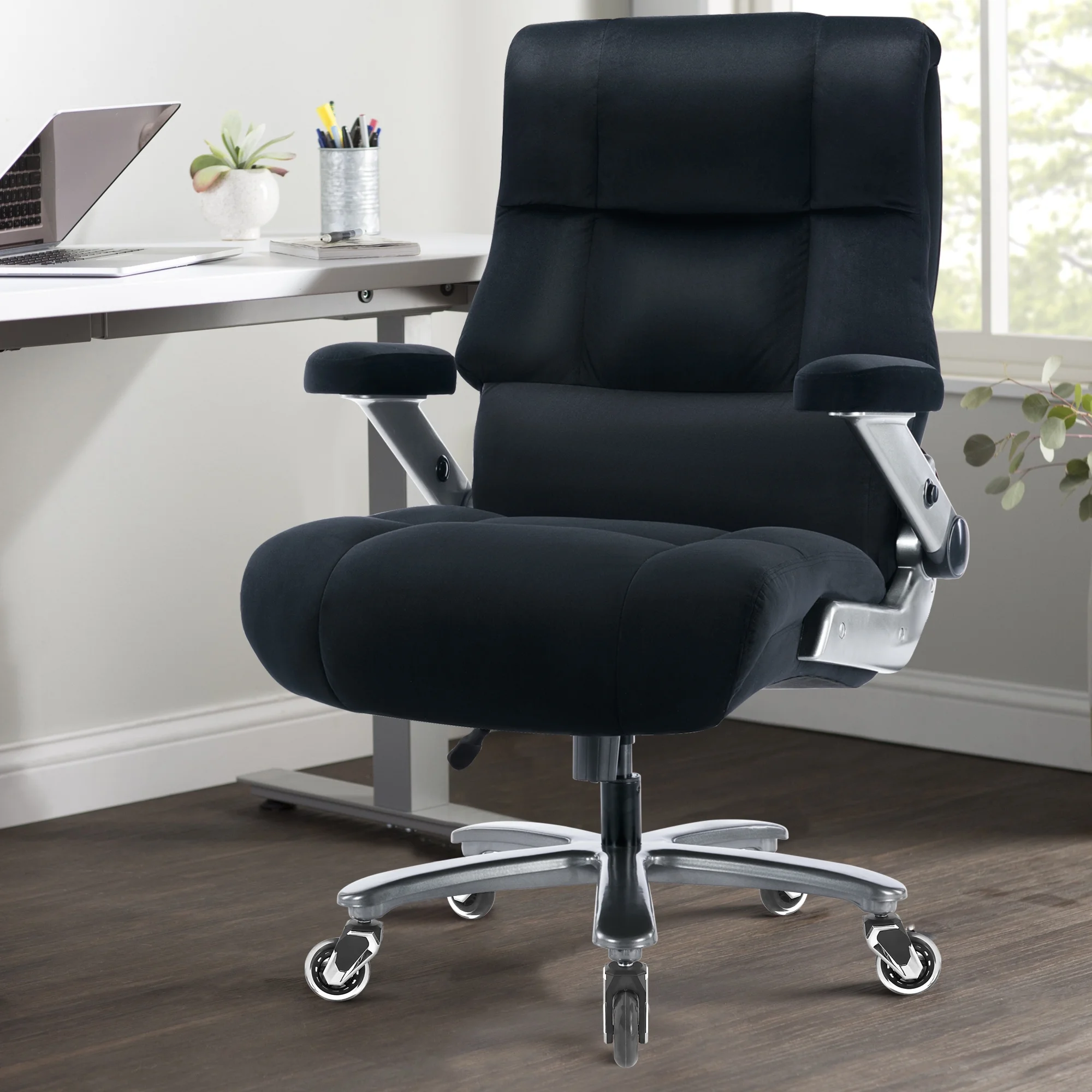 Big and Tall 700lbs Office Chair, Ultra-Soft Fabric Executive Desk Chair, Ergonomic Computer Chair with 3D Flip Up Arms, Adjustable Lumbar Support, Heavy Duty Metal Base and Quiet Rubber Wheel, Black