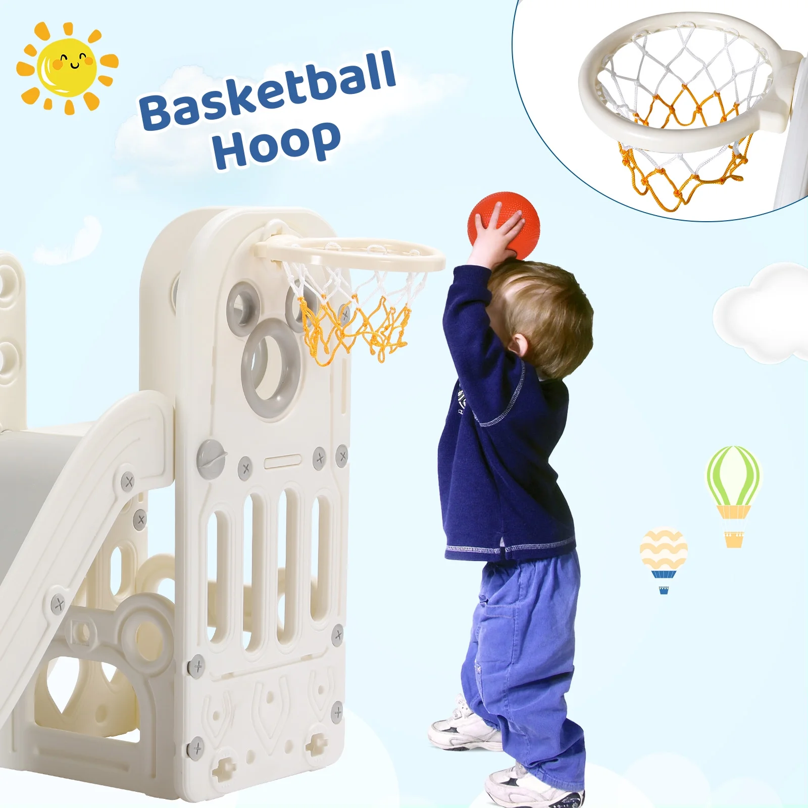 Arlopu Sturdy Toddler Slide with Basketball Hoop Plastic Kids Slide Climber with Anti-Slip Steps Indoor Outdoor Children Toy Playground