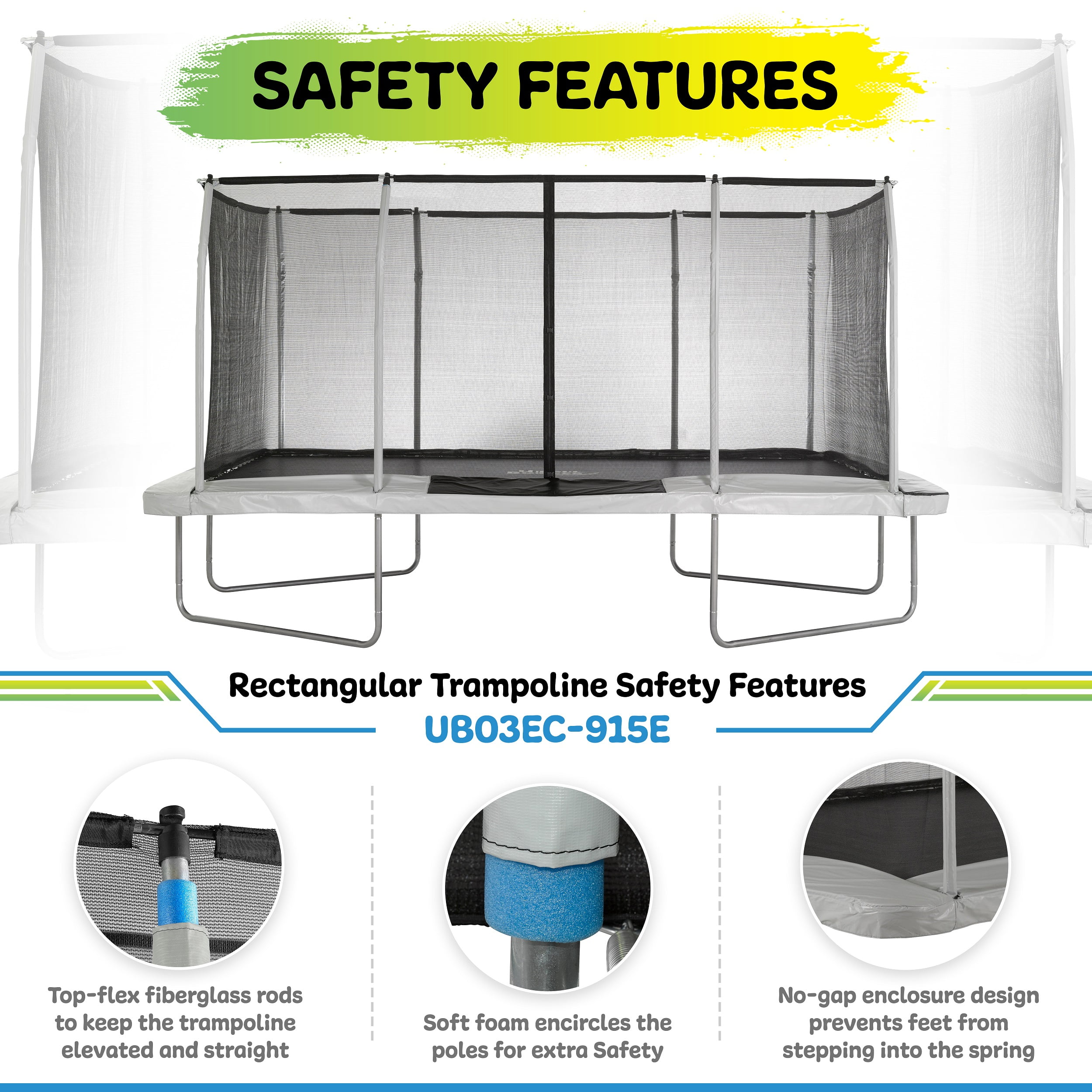 Machrus Upper Bounce - Mega 10' X 17' Gymnastics Style, Rectangular Trampoline Set with Premium Top-Ring Enclosure System - Green/Black