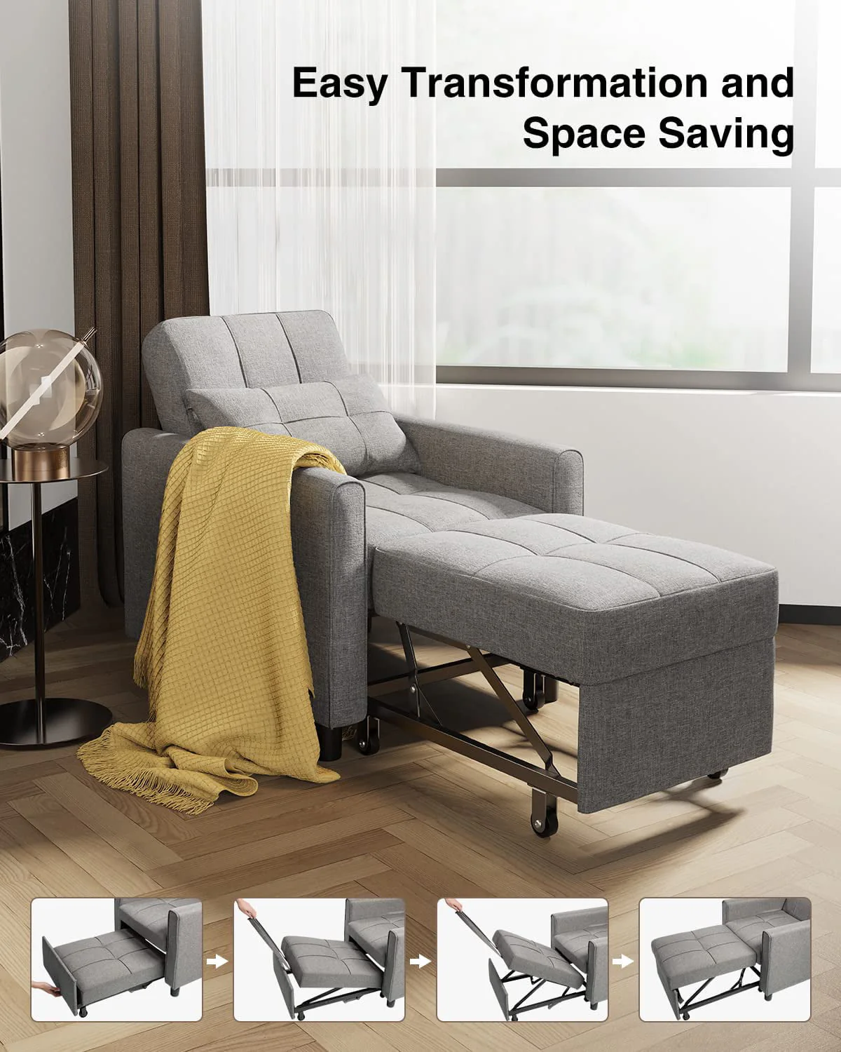 Lofka Chair Bed, Convertible Sofa Bed Couch Recliner Single Bed for Living Room/Office/Bedroom, Light Gray