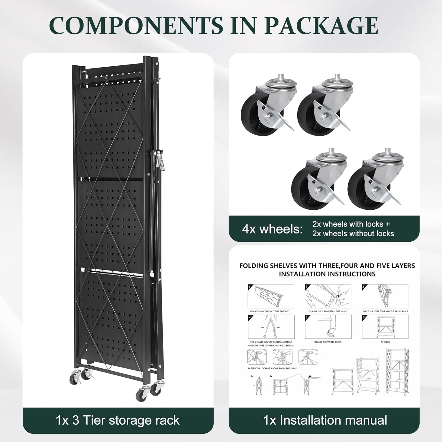 Foldable 4-Tier Storage Shelves with Wheels, No Assembly Bookshelf, Heavy Duty Kitchen Racks and Shelves, Rolling Microwave Cart, White