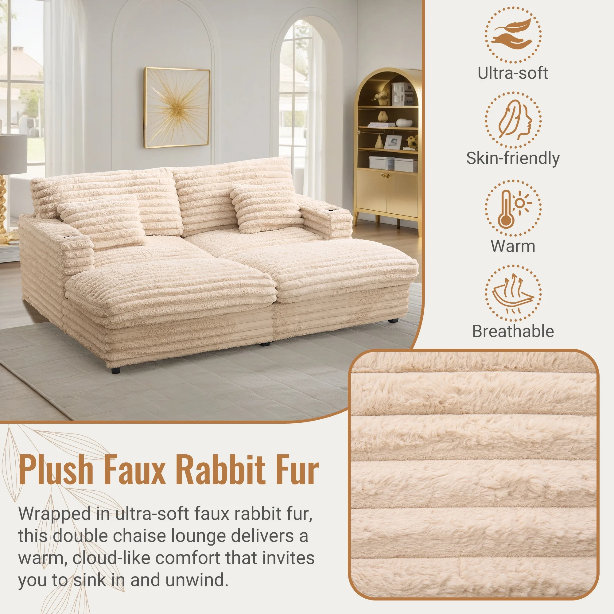 Oversized Double Chaise Lounge, Faux Fur Upholstered Deep Seat Sofa with 2 Pillows, 2 Cupholders, and Dual USB Ports