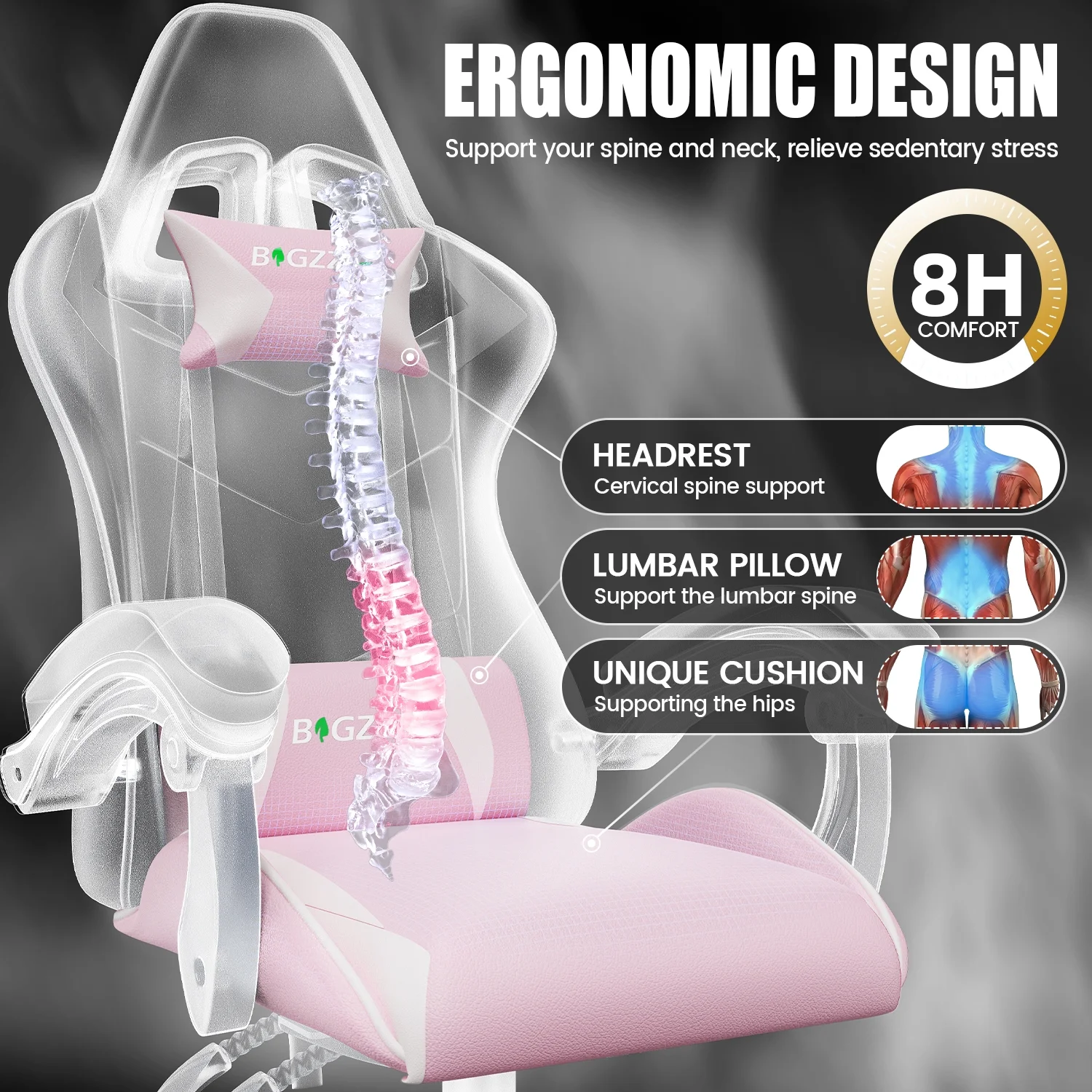 Bigzzia Gaming Chair Office Chair, Ergonomic Game Chair with Height Adjustable Headrest and Lumbar Support for Adults Teens, Black & White