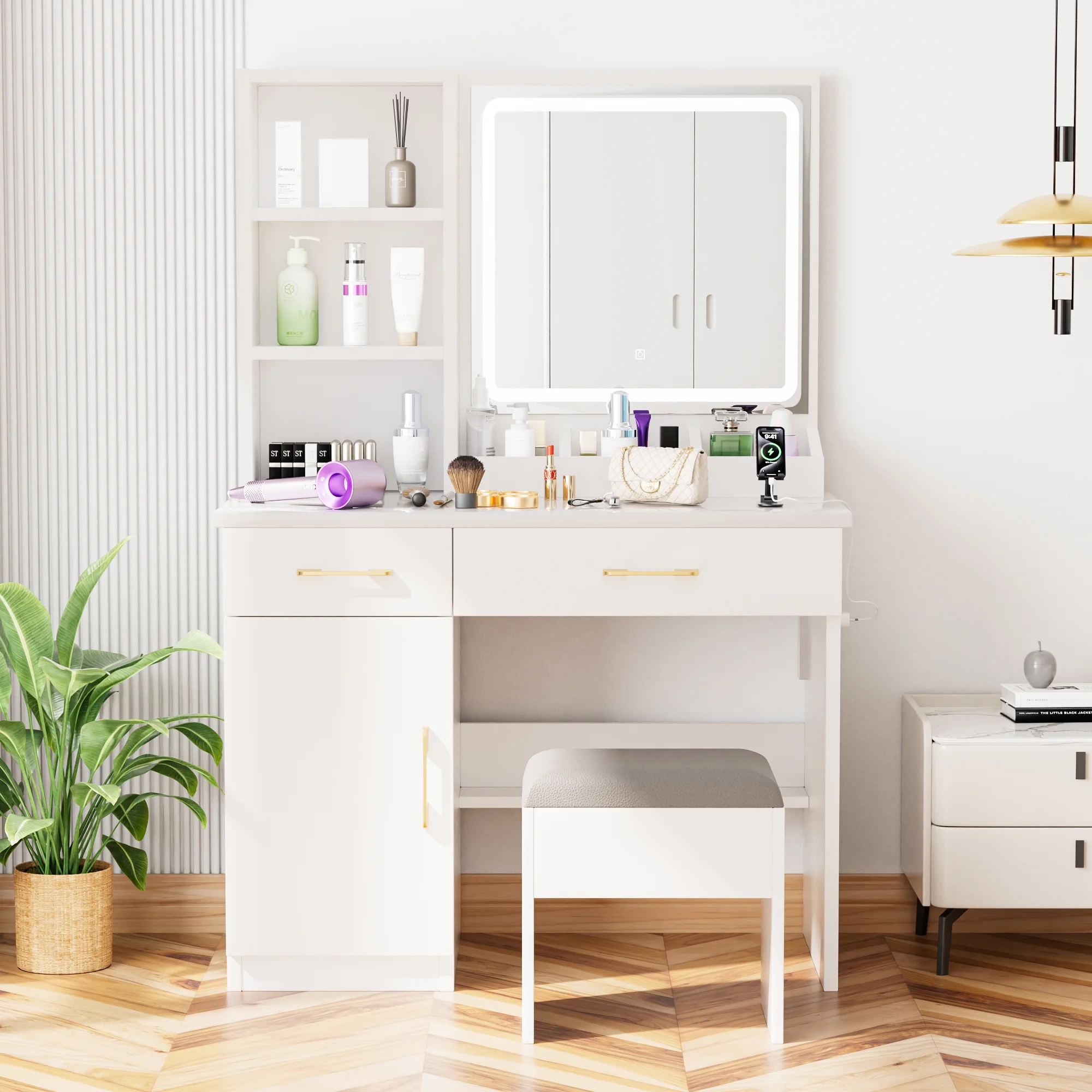 Furnibear Vanity Desk Set with Mirror and Light, Makeup Table with 2 Drawers and Cabinet, Power Outlet and 3 Color Modes Brightness Adjustable