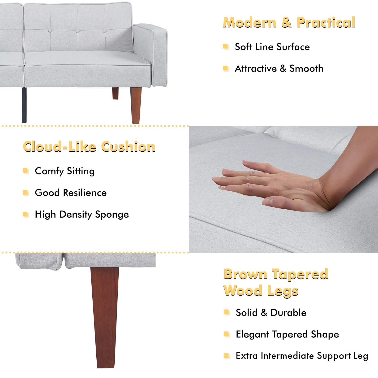 Sofa Bed, Convertible Memory Foam Futon Couch, Adjustable Sleeper Sofa Bed for Living Room, Gray