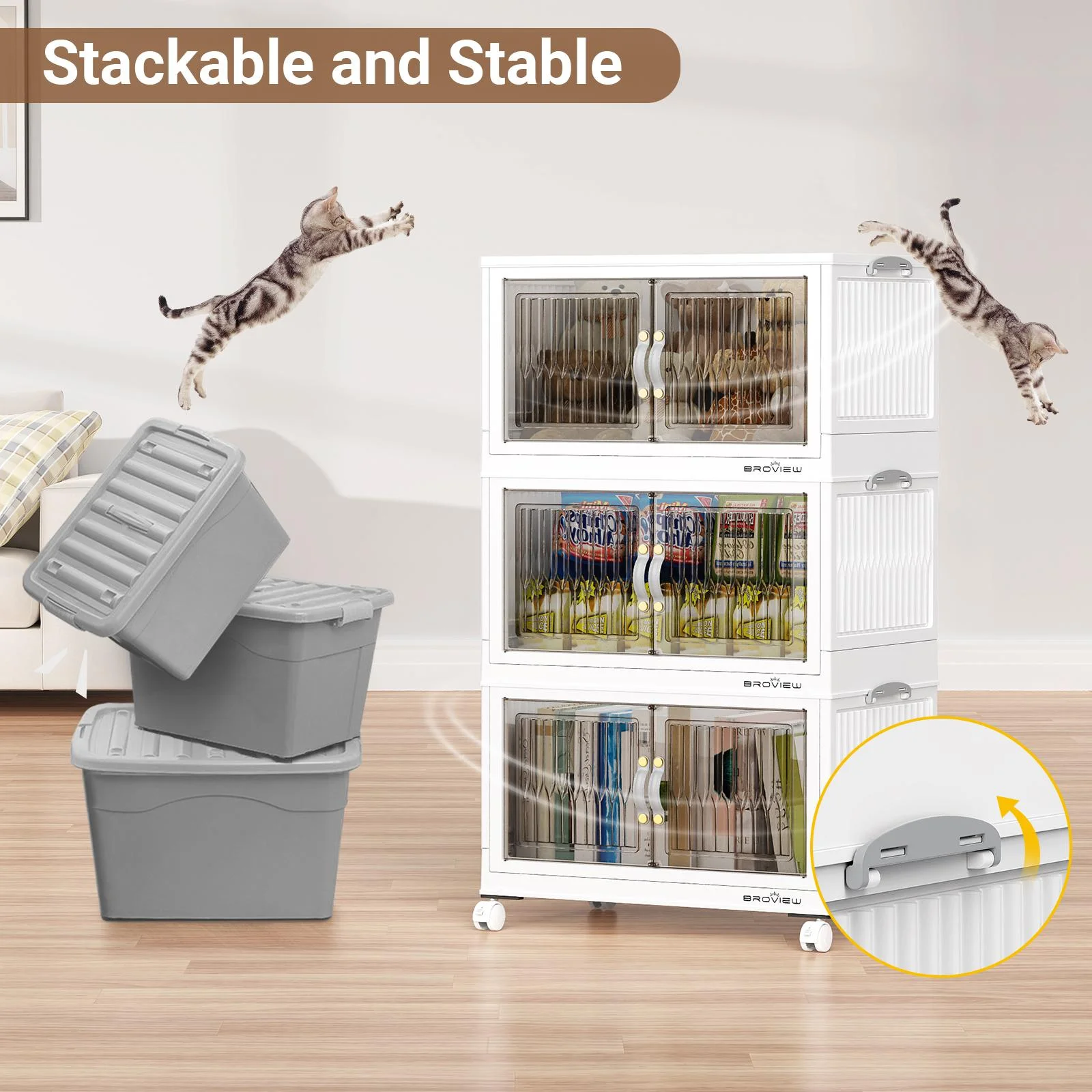 BROVIEW 100Gal Large Storage Bins with Lid, 400Qt Plastic Stackable Closet Organizer and Storage, Collapsible Storage Box with Wheels, Folding Storage Cabinet Containers for Home Office, 5Pack White