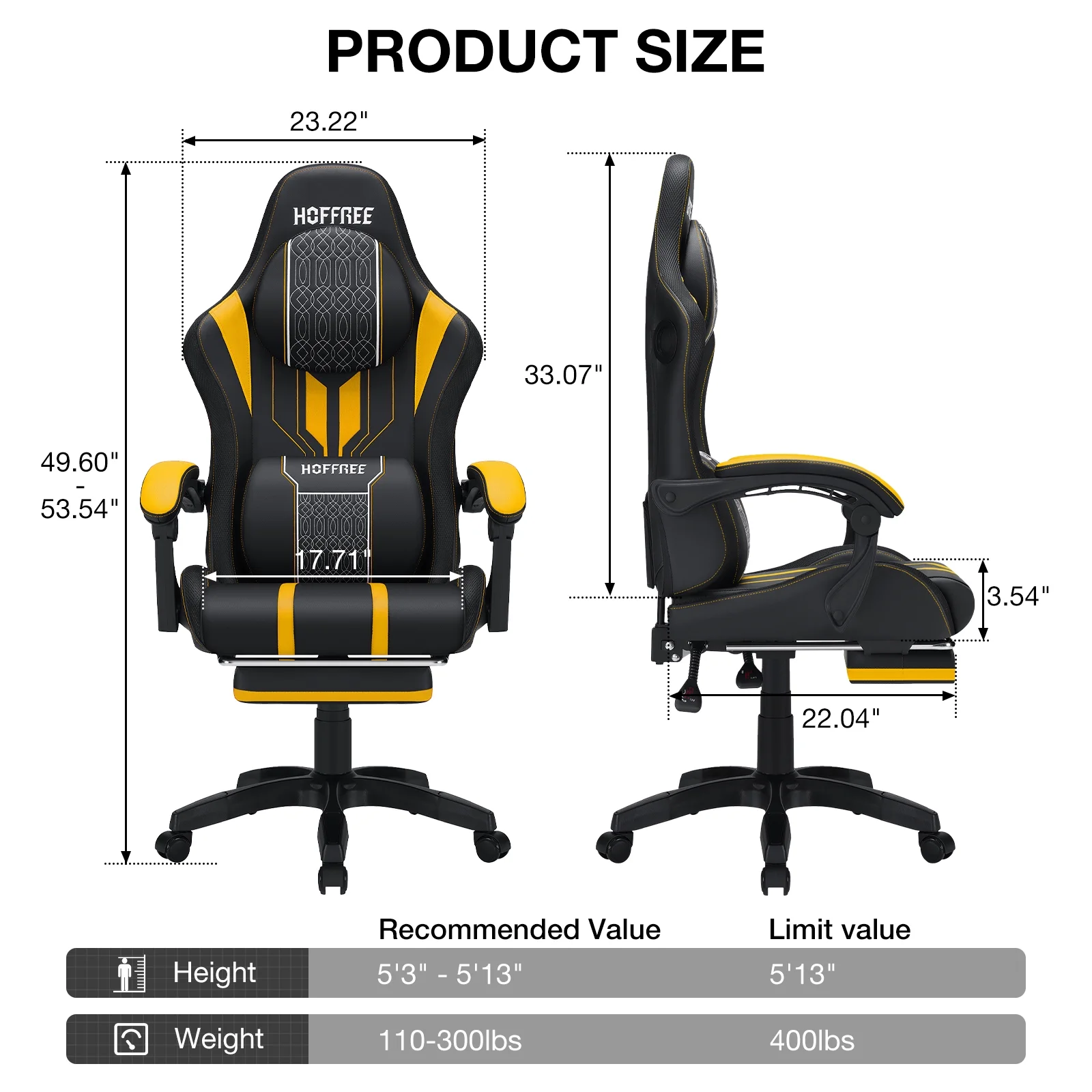 HOFFREE Big and Tall Gaming Chair with Speakers and RGB Lights, Gamer Chair with Footrest, Lumbar Support Height Adjustable 360-Swivel Seat and Headrest for Adults, 400lbs