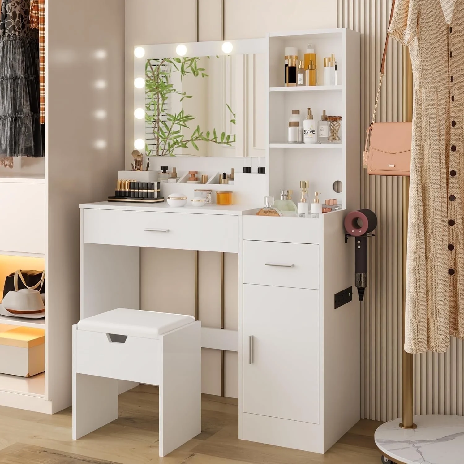 Vanity Table Set with Mirrors and Adjustable Lights ,Makeup vanity With Power Outlet for Bedroom Dressing Room,White