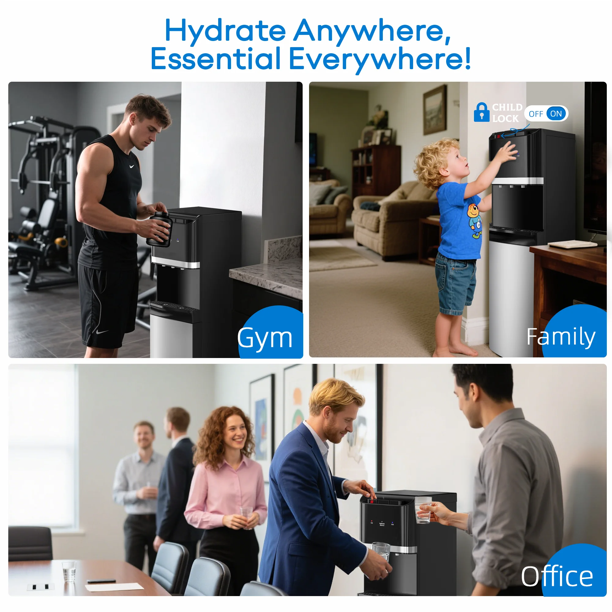 Manastin Bottom Loading Water Cooler Dispenser for 3-5 Gallon Bottles, Stainless Steel Water Cooler with 3 Temperature Settings - Hot, Cold & Room Water, Ideal Design for Home & Office