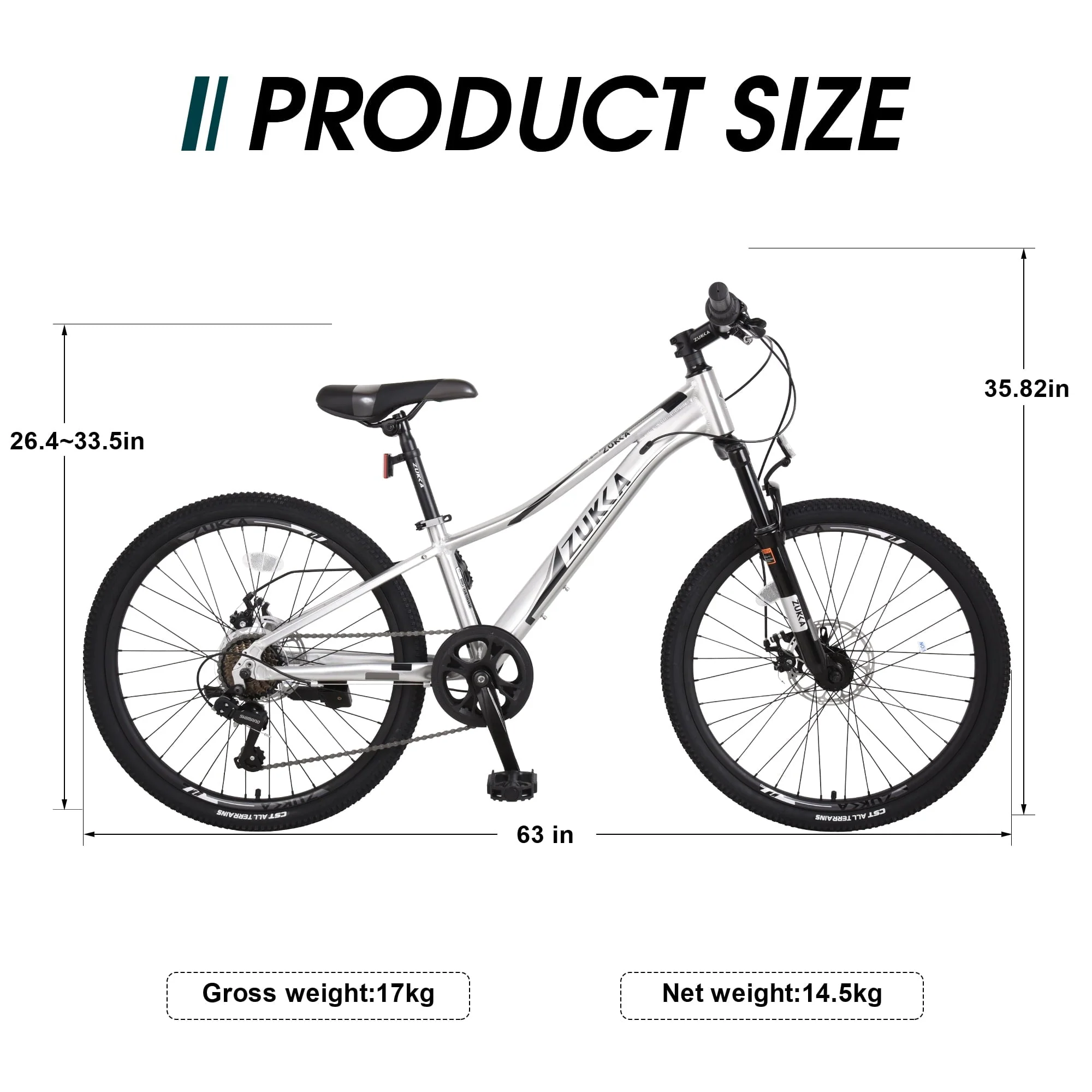 Meghna 7-Speed Mountain Bike for Girls Boys 24 inch Shimano Kids Bicycle Silver 9-12 Year Child