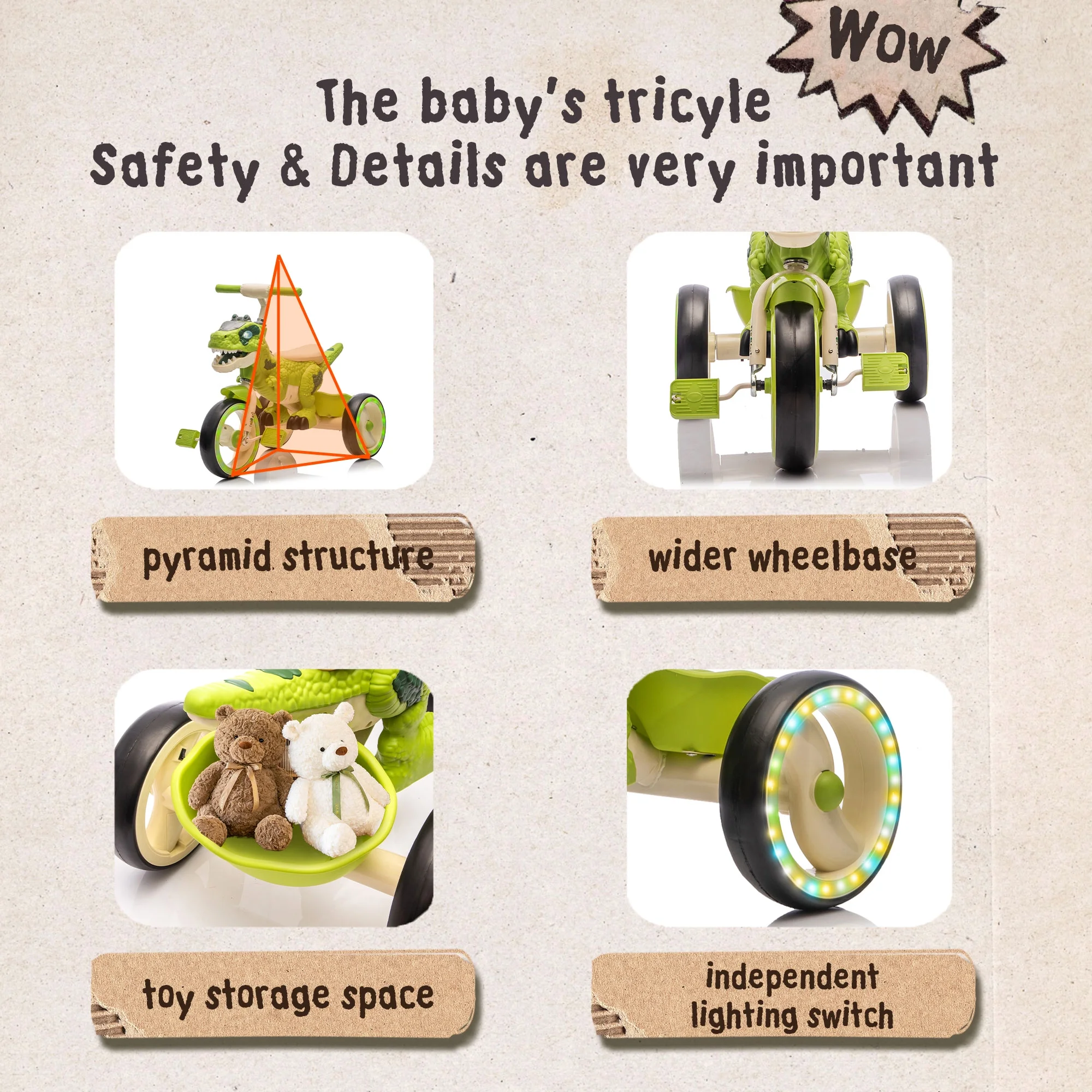 Xuanlur Kids Ride on Dinosaur Tricycle, Toddlers Kid Trike with Wide Flash Wheels, Anti-Slip Pedals, Rear Basket, Music & LED Lights, Toddler Bike Toys Gift for 3-6 Year Old Boys & Girls (Green)