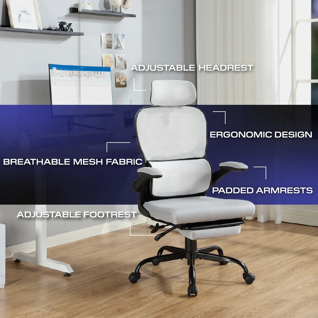 Mainstays Ergonomic Height Adjustable Mesh Office Chair for Teens and Adults with Lumbar Support and Tilt Function, with Leg Rest, Black