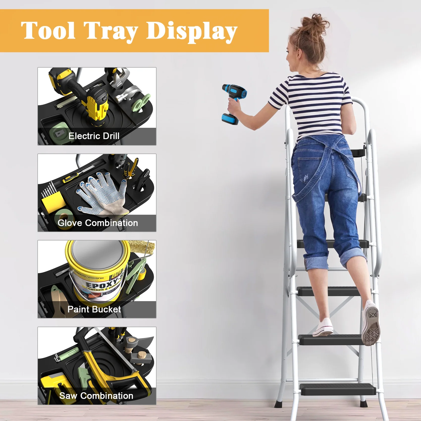 JOZ 5-Step Ladder, 350lbs Portable Folding Ladders for Home, with Handrails and Tool Tray and Anti-Slip Pedal, Black