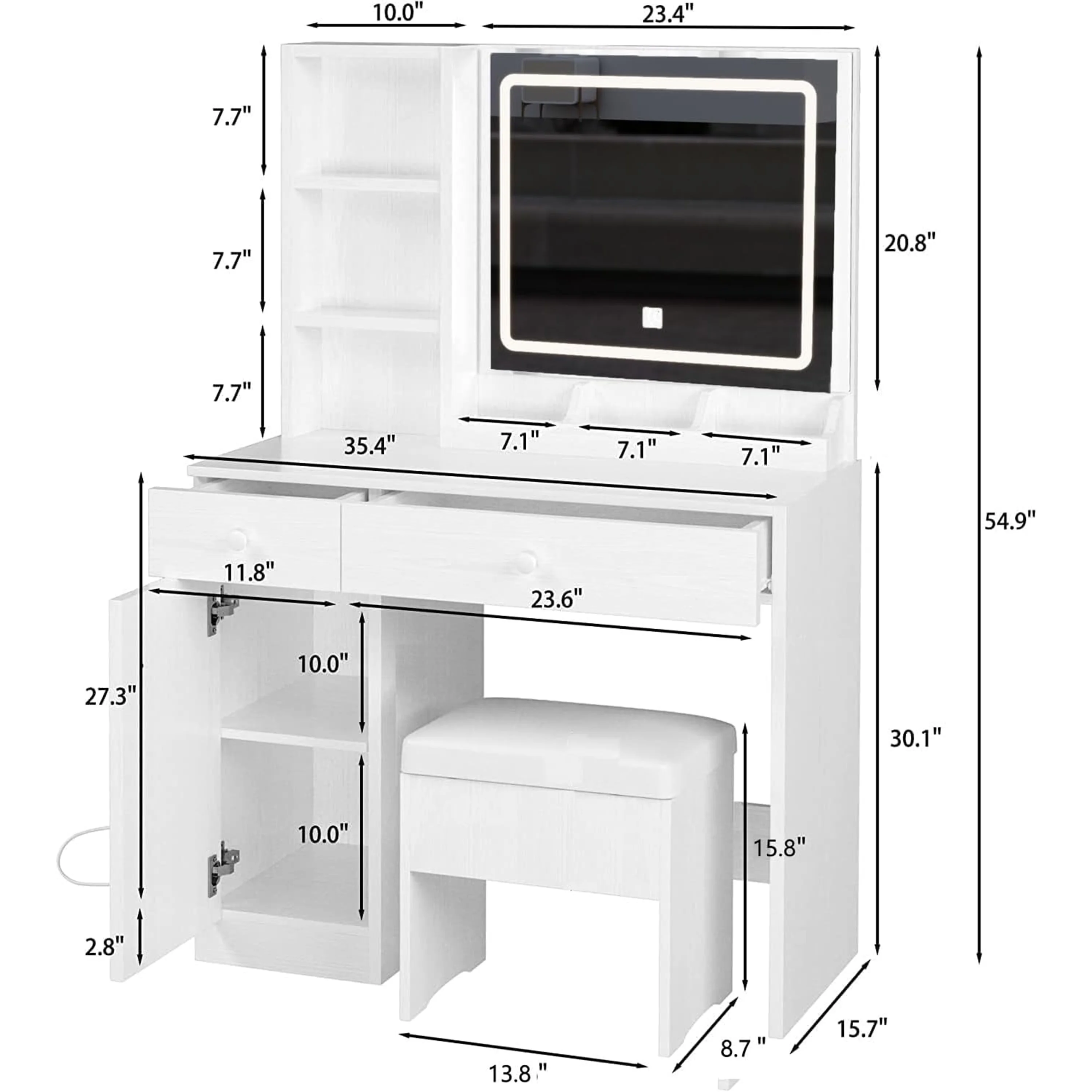 Furnibear Vanity Desk Set with Mirror and Light, Makeup Table with 2 Drawers and Cabinet, Power Outlet and 3 Color Modes Brightness Adjustable