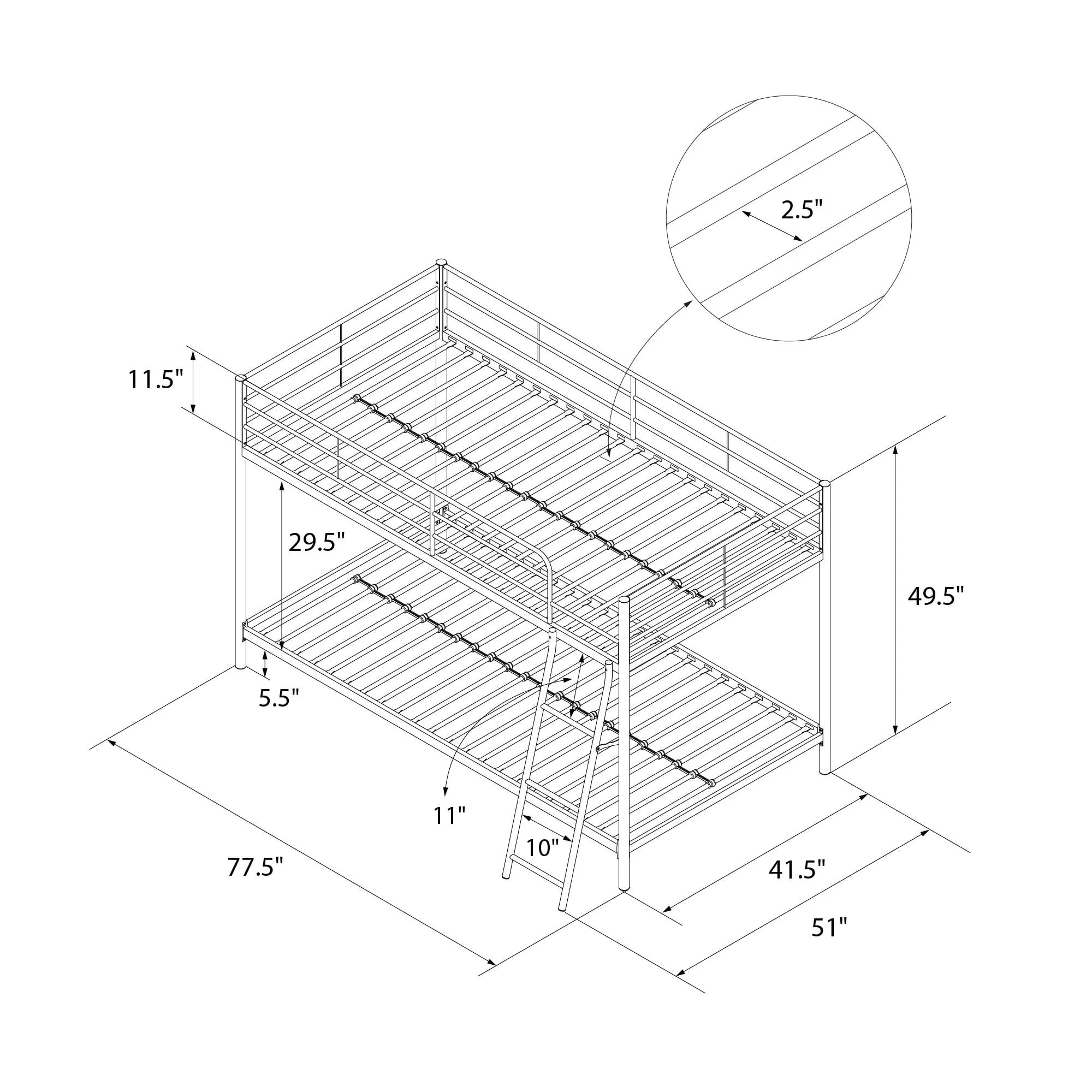 Mainstays Small Spaces Twin-over-Twin Low Profile Junior Bunk Bed, Black