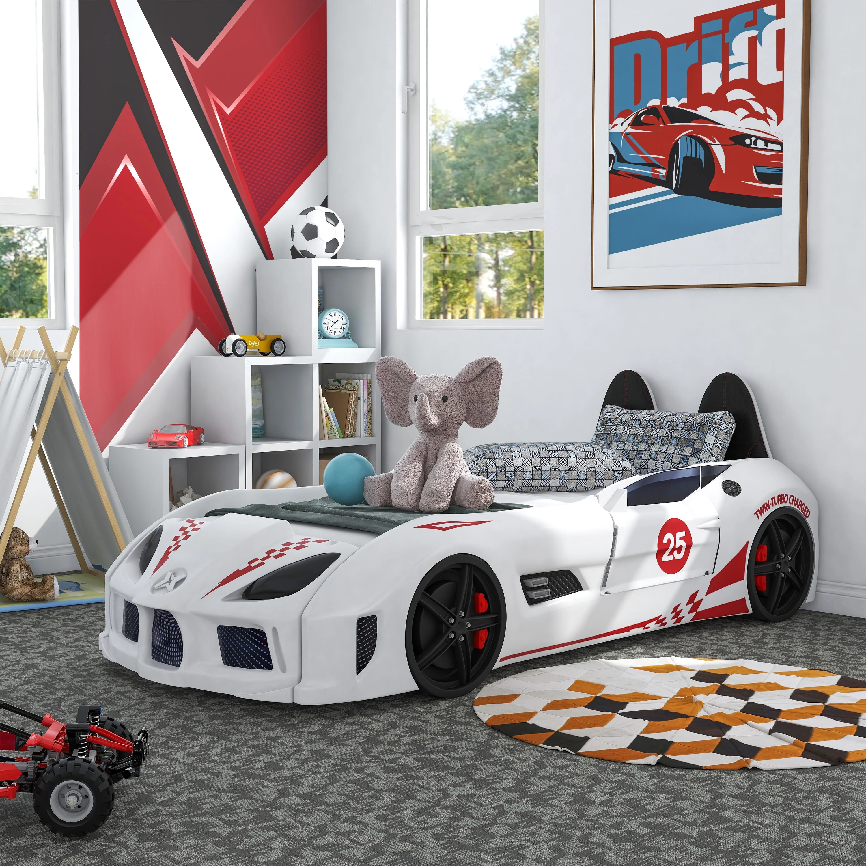 Furniture of America Dash Kids Plastic Twin Race Car Bed with LED and Sound, White