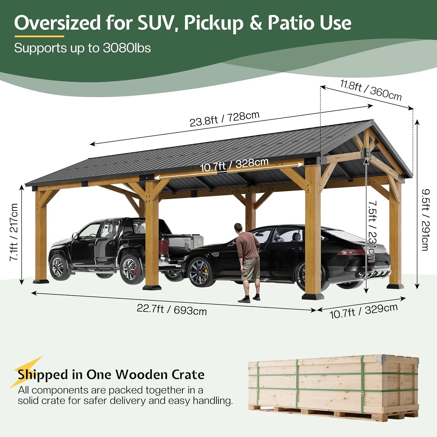 Jocisland 12'x24' Cedar Wood Hardtop Gazebo with Waterproof Outdoor Carport Pavilion,Steel Roof,Heavy-Duty Snow & Wind Resistant Canopy for Patio, Driveway, Garden