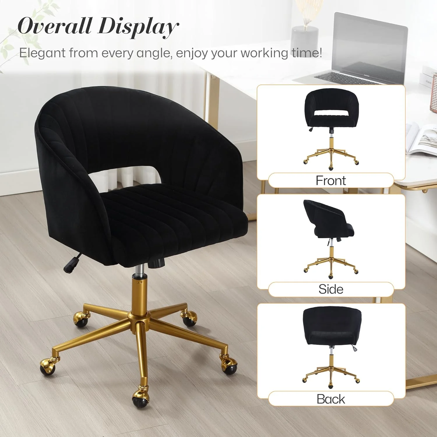 Home Office Swivel Desk Chair, Modern Velvet Vanity Chair, Height Adjustable Armchair with Gold Base, Ergonomic Office Chair for Task Study Computer Room, Beige