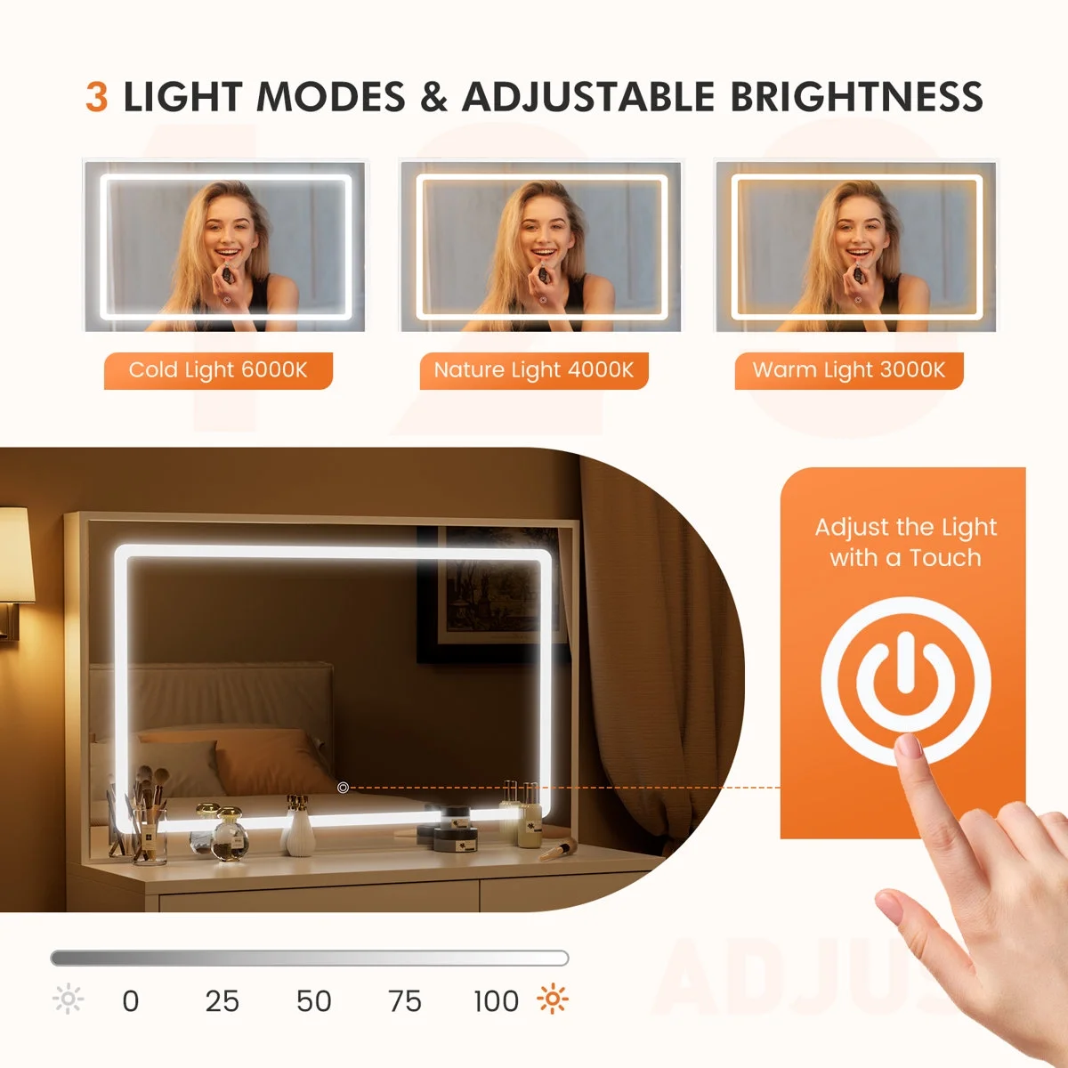 Blorly White Vanity Desk with Mirror, Makeup Vanity Table with LED Lights and Power Outlet, 3 Drawer, 4 Shelves, 1 Cabinet