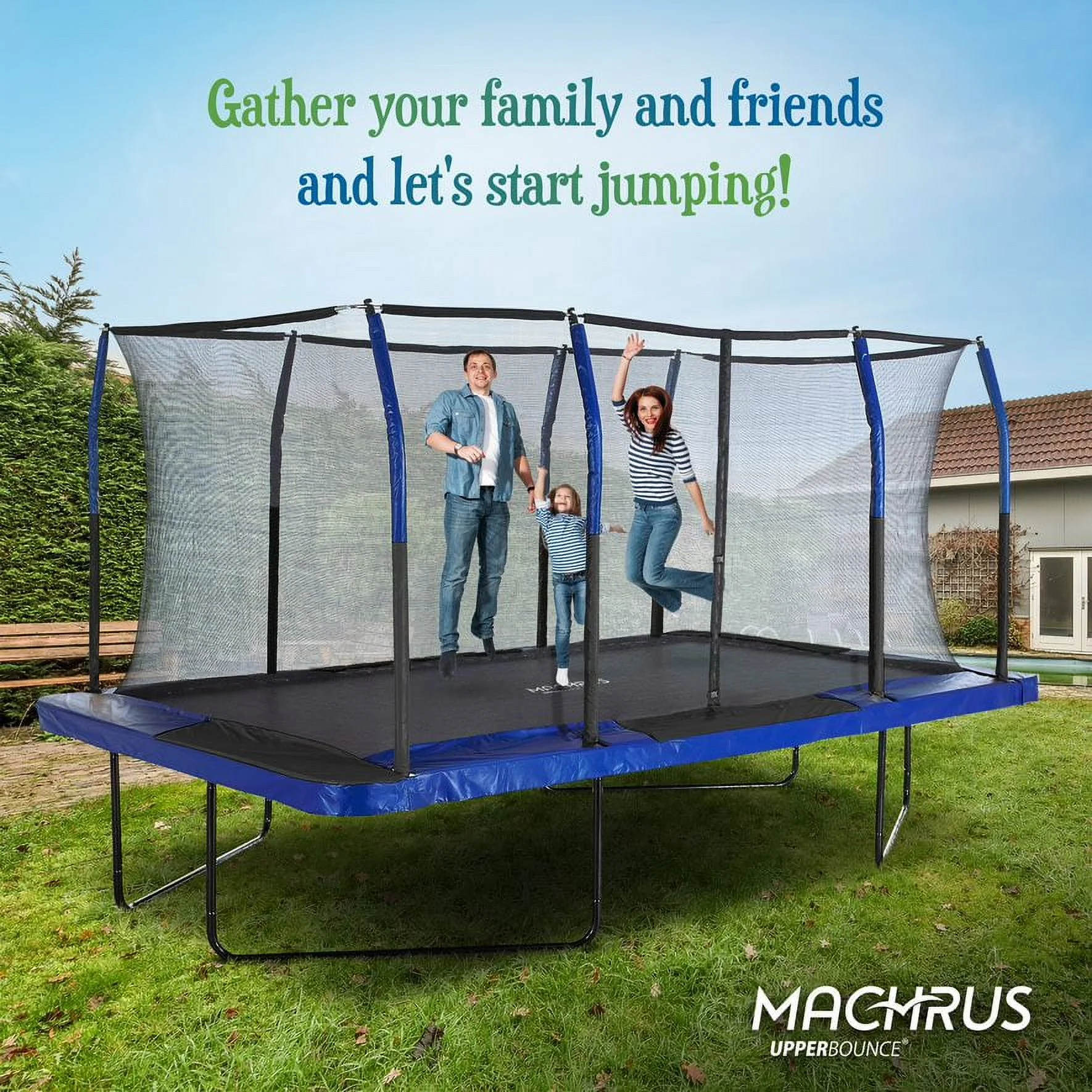 Machrus Upper Bounce - Mega 10' X 17' Gymnastics Style, Rectangular Trampoline Set with Premium Top-Ring Enclosure System - Green/Black