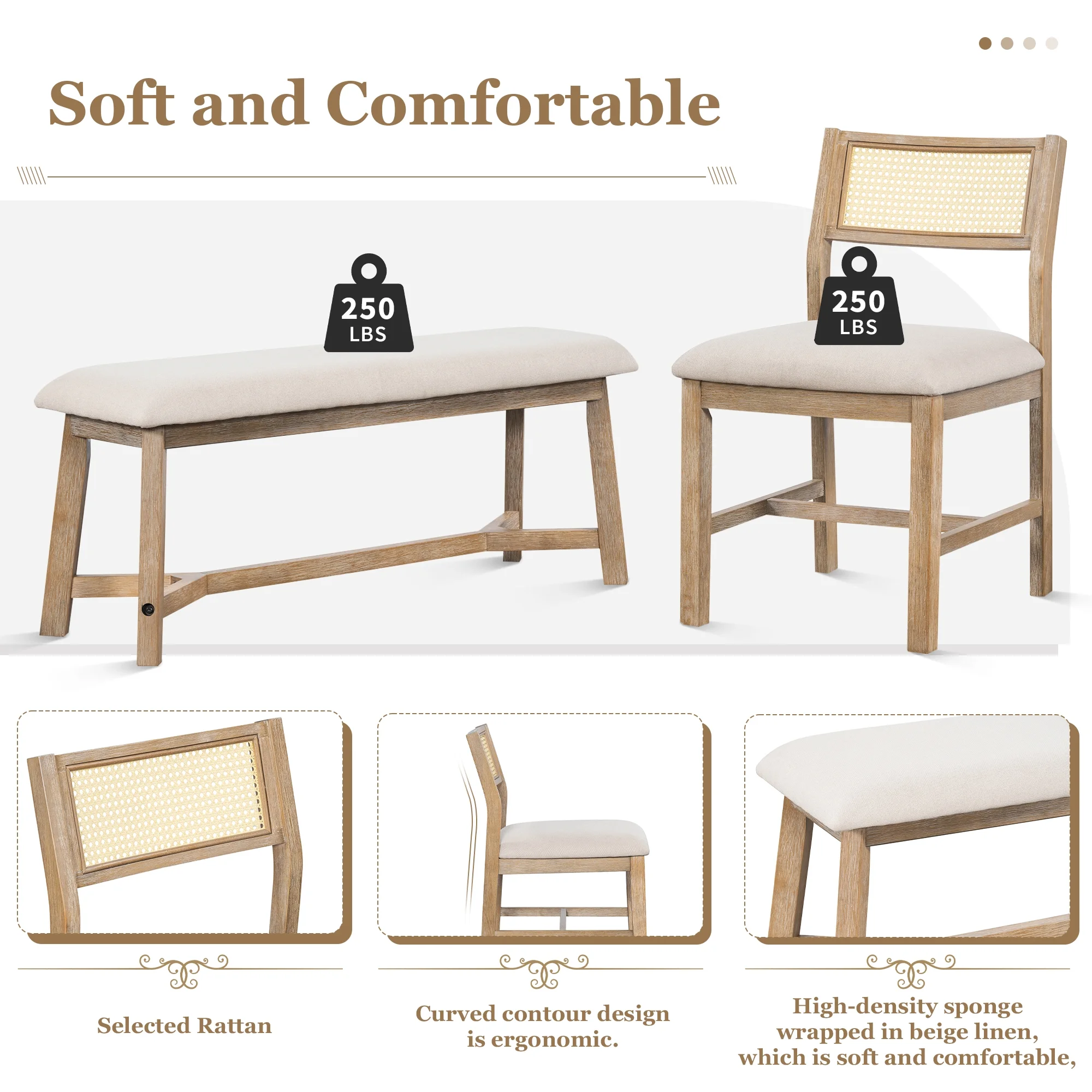 EUROCO 6-Piece Dining Table Set for 6, Retro Dining Set with 4 Upholstered Chairs and 1 Bench,Beautiful Wood Grain Pattern Tabletop for Dining Room and Kitchen,Natural