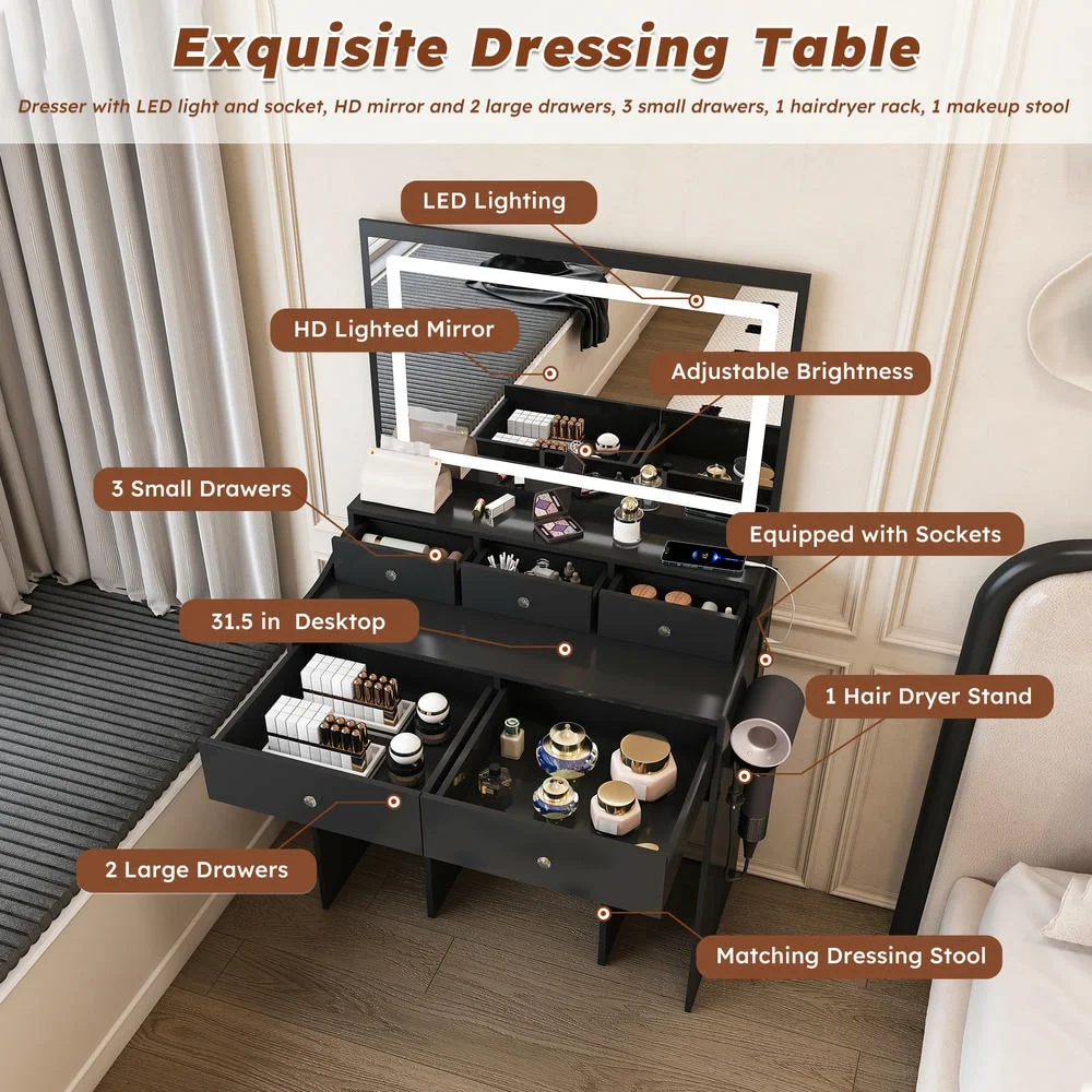 Kadyn Vanity Desk with Lighted Mirror, Vanity Table and Chair Set with 2 Drawers, Dressing Table Makeup Desk with 1 Door, Retro Gray