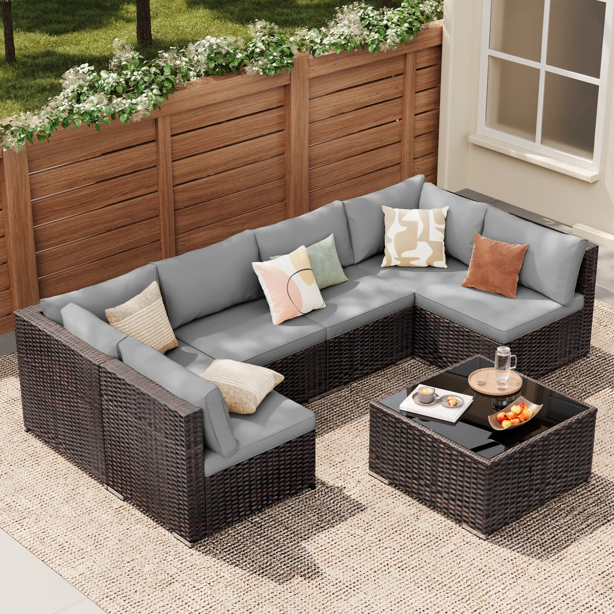 Patio Furniture Set, Lofka 7 Piece Outdoor Sectional Furniture Chair Set with Cushions and Coffee Table, Gray