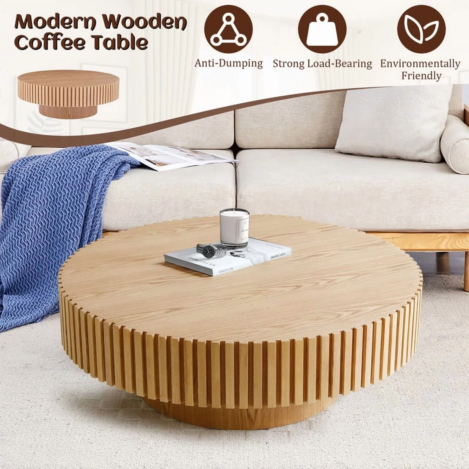 FFH 43.7 inch Oval Coffee Table for Living Room,Handcraft Rustic Corner Coffee Table Nature Wood Relief Sturdy Pedestal for Apartmen,Side Table Centre Table,Nature Wood