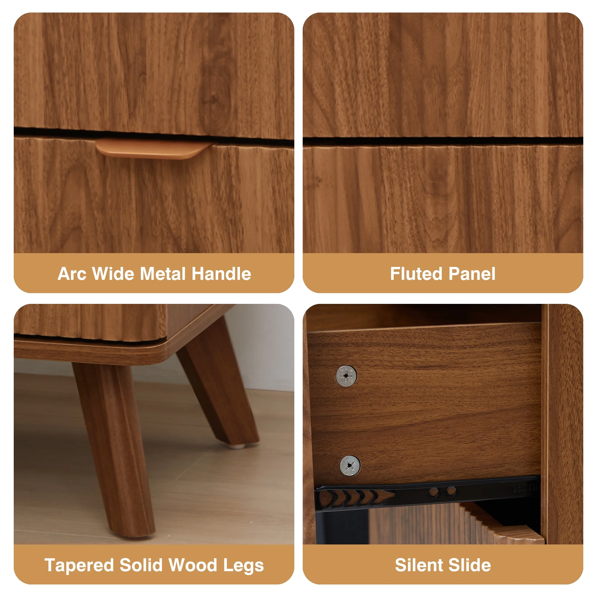 YOCWO Fluted Nightstand for Bedroom Set of 2 , Wood Bedside Table Set of 2 with Drawers, Black