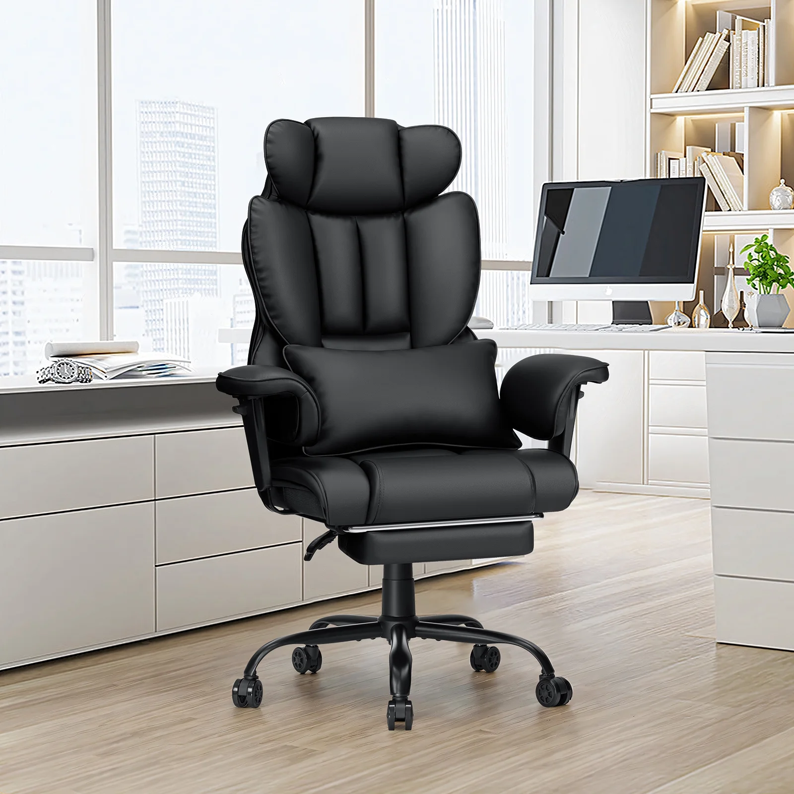 Hoffree Big and Tall Fabric Office Chair 450lbs, Executive Desk Chair with Massage Ergonomic  Computer Chair with Footrest Reclining Desk Office Chair with Lumbar Support for Home Office