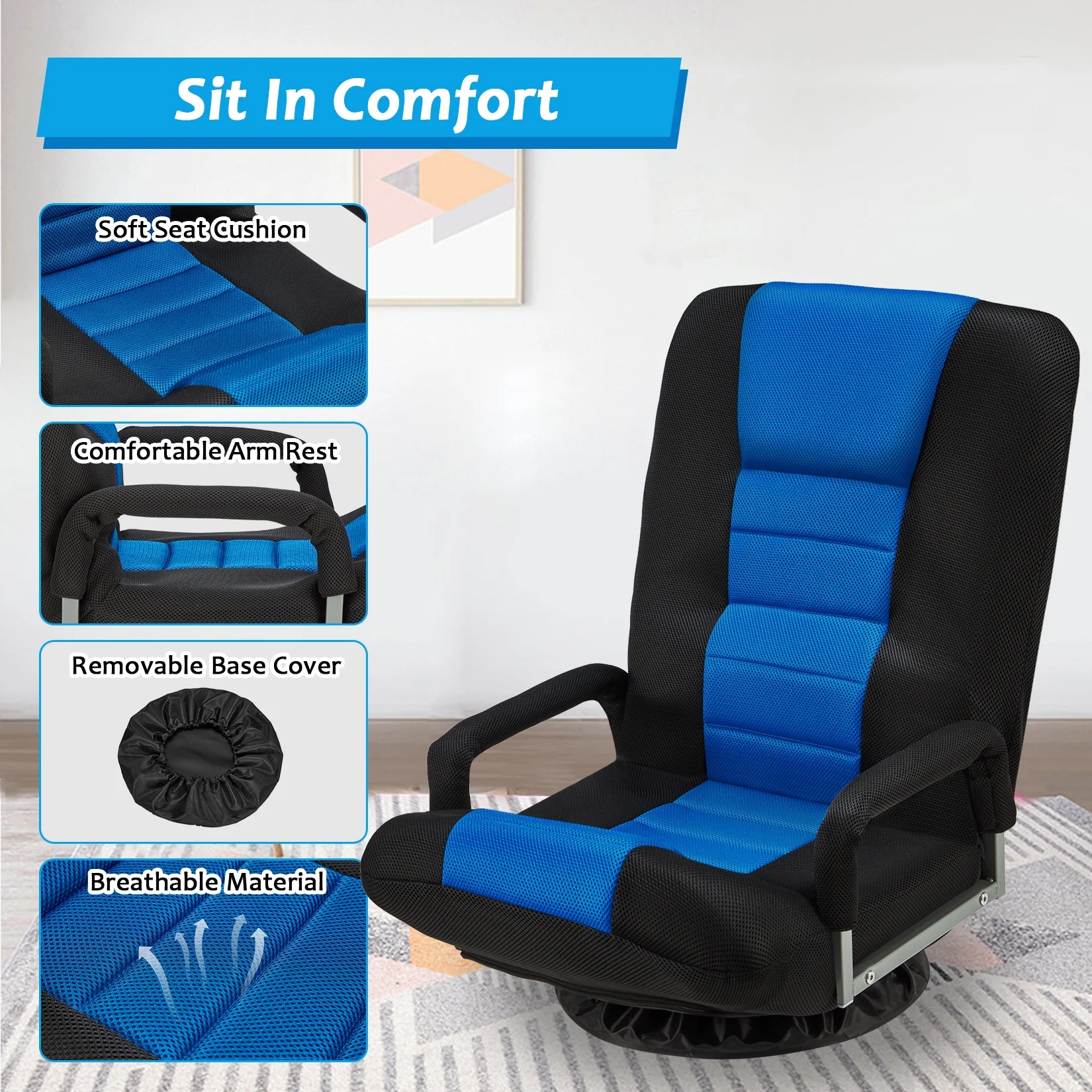 Avocahom Swivel Gaming Floor Chair w/ Armrest Handles, No Assembly gaming chair rocker, Folding Reclining Sofa w/6 Position Adjustable Backrest for Video Games, Watching TV, Reading,Blue