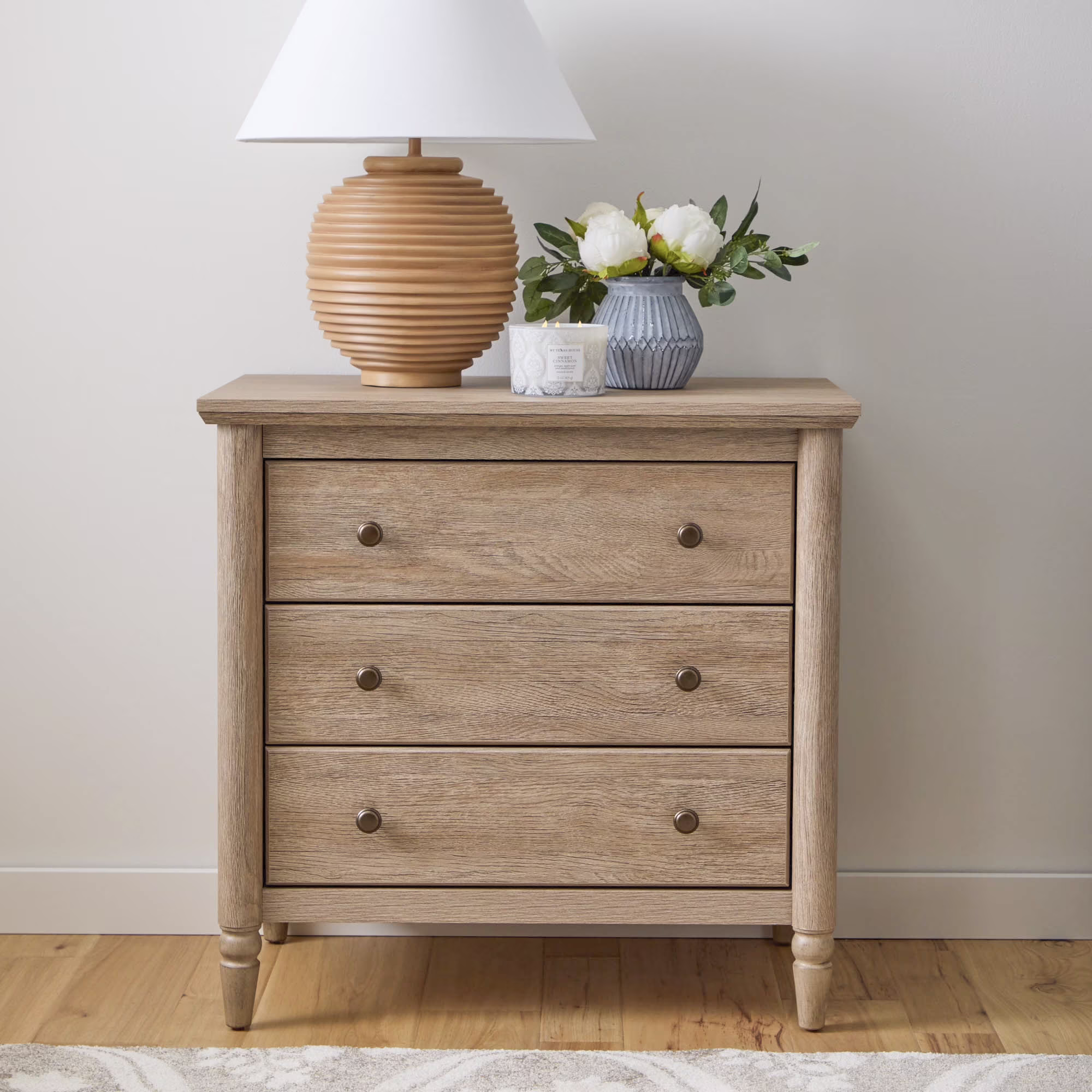 My Texas House Monroe 3 Drawer Nightstand with USB, Brushed Oak Finish