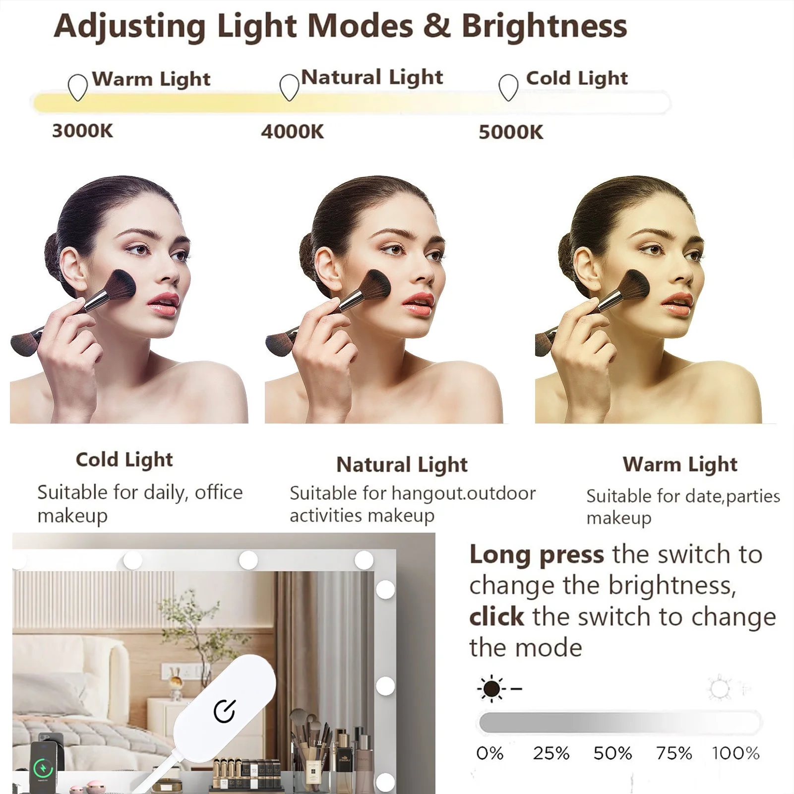 White Vanity Desk with Large Lighted Mirror & Power Outlet, Makeup Vanity Table with Glass Top & Drawers, Sliding Storage, 44.1