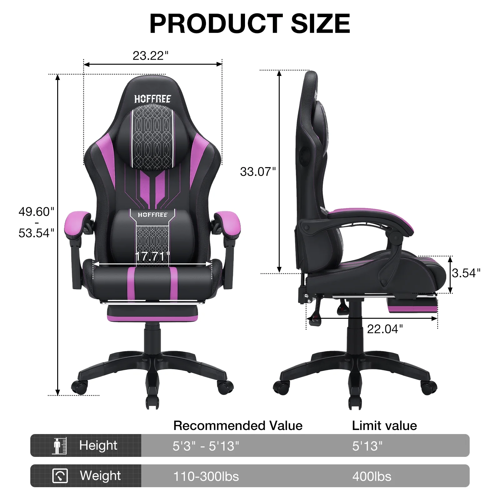 HOFFREE Big and Tall Gaming Chair with Speakers and RGB Lights, Gamer Chair with Footrest, Lumbar Support Height Adjustable 360-Swivel Seat and Headrest for Adults, 400lbs