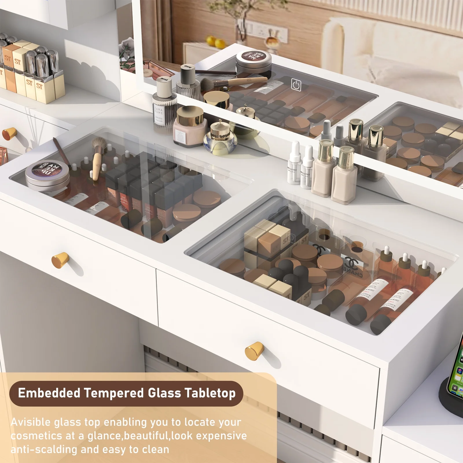 ChVans 62'' Large Vanity Desk with Tempered Glass Top, 60000-color LED Lights, Charging Station, White Makeup Vanity with 3 Lights Mode LED Mirror, 9 Drawers, 2 RGB cabinets for Women, Girls Gift