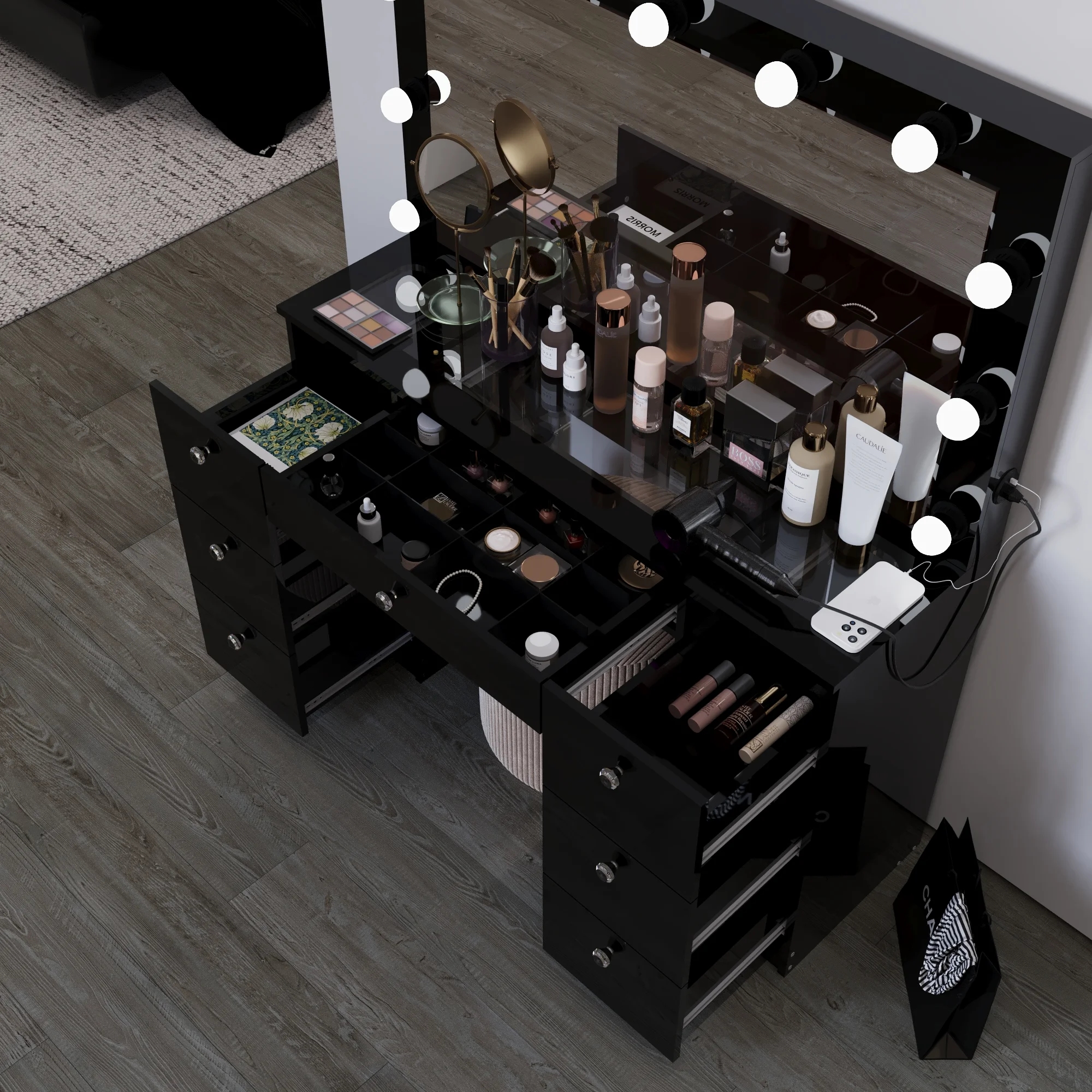 Ember Interiors Ibbie White Makeup Vanity with Glass Top, Lights, Charging Station