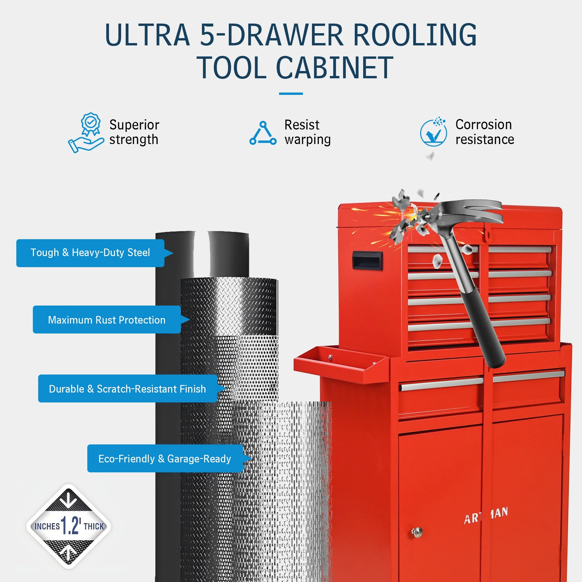 Tool Chest, 5-Drawer Rolling Tool Storage Cabinet with Detachable Top Tool Box, Universal Lockable Wheels