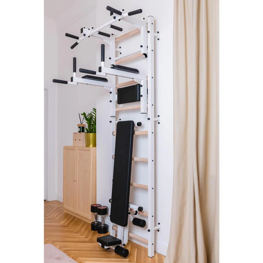 BenchK 733 White Wall bars with convertible steel 6-grip pull-up bar that can also be used as a barbell holder, dip bar with back support and advanced workout bench