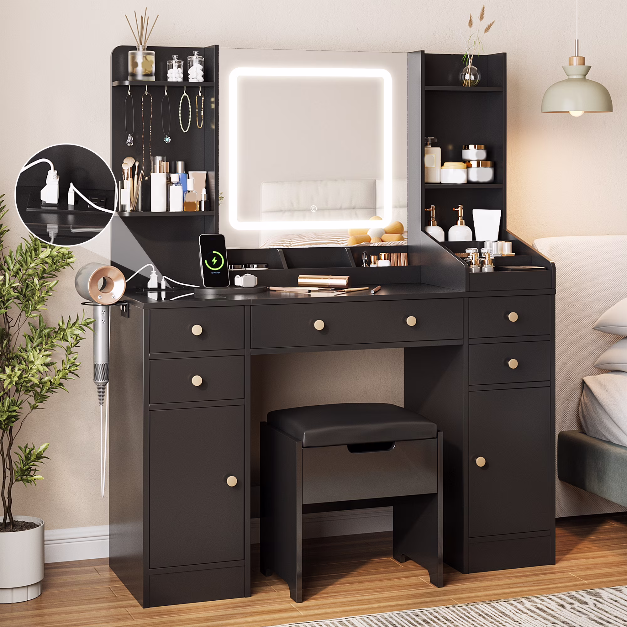 Vanity Set with Mirror and Lights, Makeup Table with Charging Station,5 Drawers & Storage Shelves, White