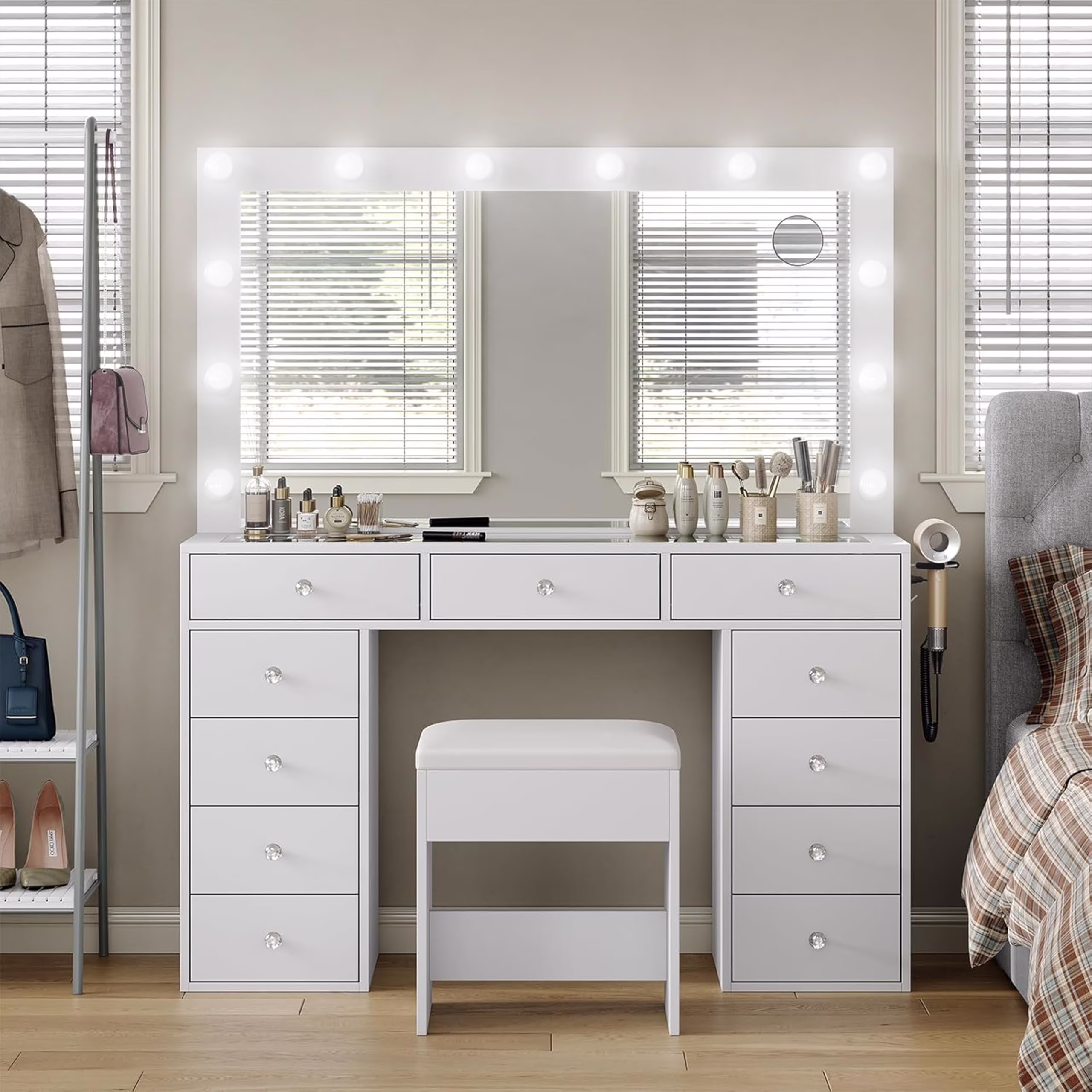 White Vanity Desk with Illuminated Mirror & Power Outlet, 11 Drawers Vanity Table with Chair, Makeup Vanity with 12 LED Lights, Tempered Glass Top, Dressing Table for Bedroom,Dressing Room