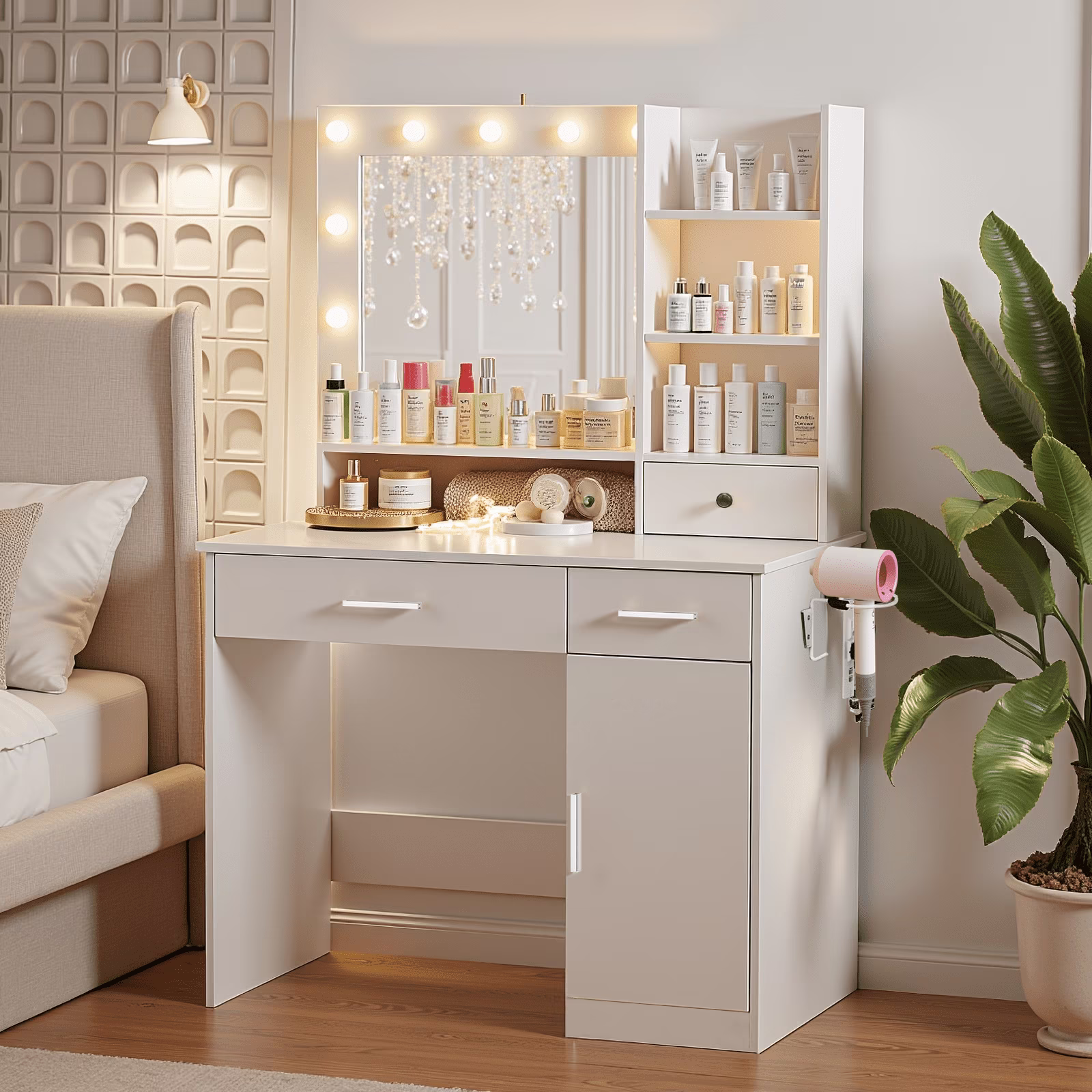 Blorly White Vanity Desk with Mirror, Makeup Vanity Table with LED Lights and Power Outlet, 3 Drawer, 4 Shelves, 1 Cabinet