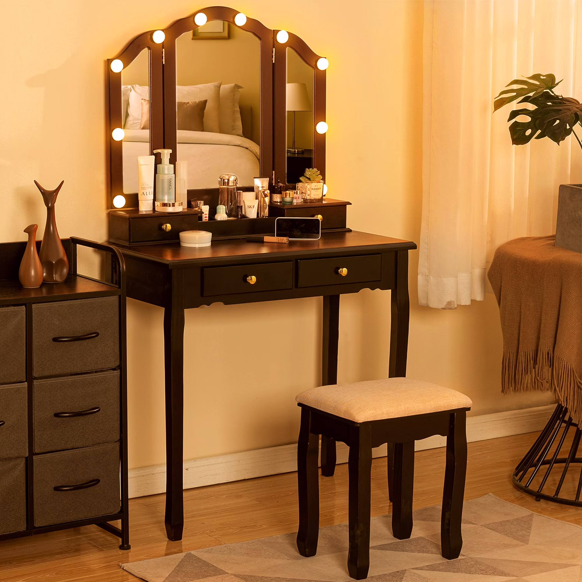 LilyFantasy Makeup Vanity with Lights, Vanity Desk with Cushioned Stool, Tri-fold Vanity Table Set with 4 Drawers, 3 Adjustable Light Modes, 2 Brush Slots, 2 Open Compartments for Girls, Women, White